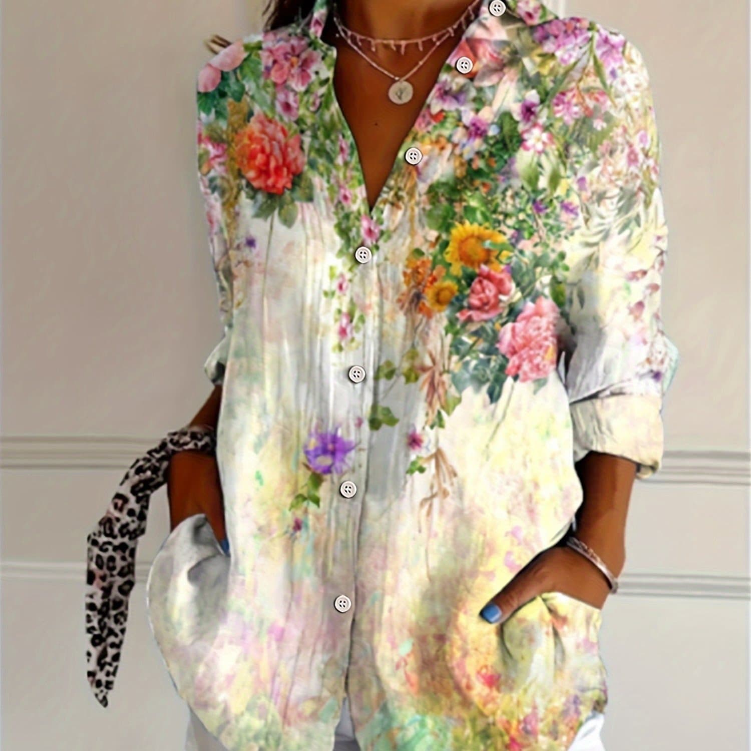 TEMU Directional Hot Item Autumn Winter Long Sleeve V-neck Floral Print Blouse Top