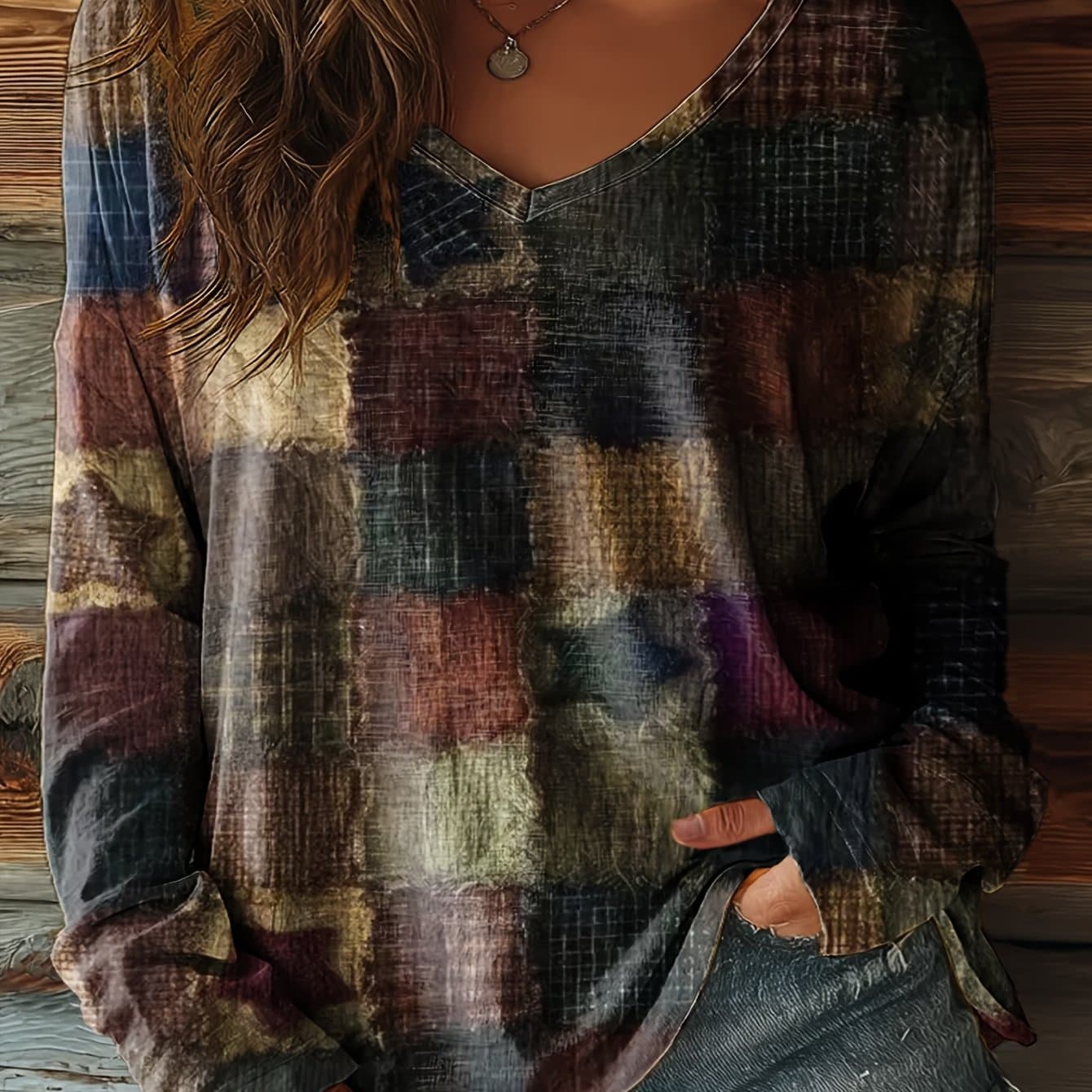 TEMU Plus Size - Plus Size - Spring Women's Casual Retro Long-sleeved T-shirt Geometric Full-body Printing V-neck Size Women's Coat