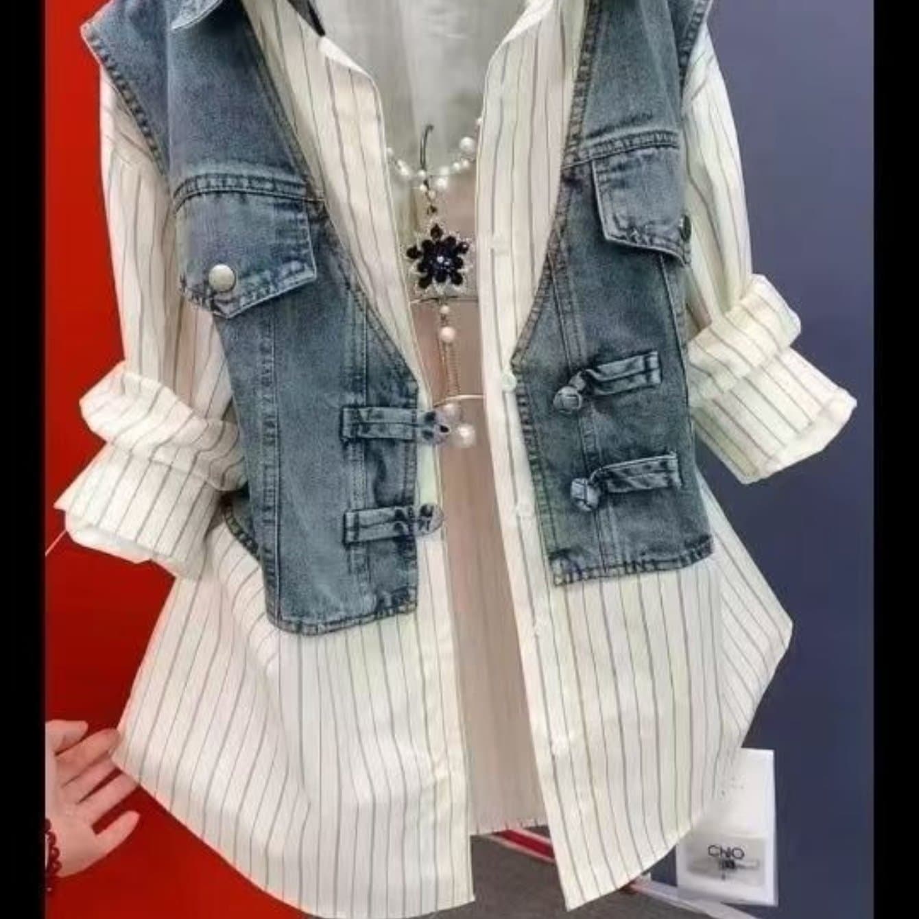 TEMU A Stylish Two-piece Denim Shirt For Women, Featuring A Versatile Striped Design, Perfect For Casual Wear In Early Spring 2025, European And