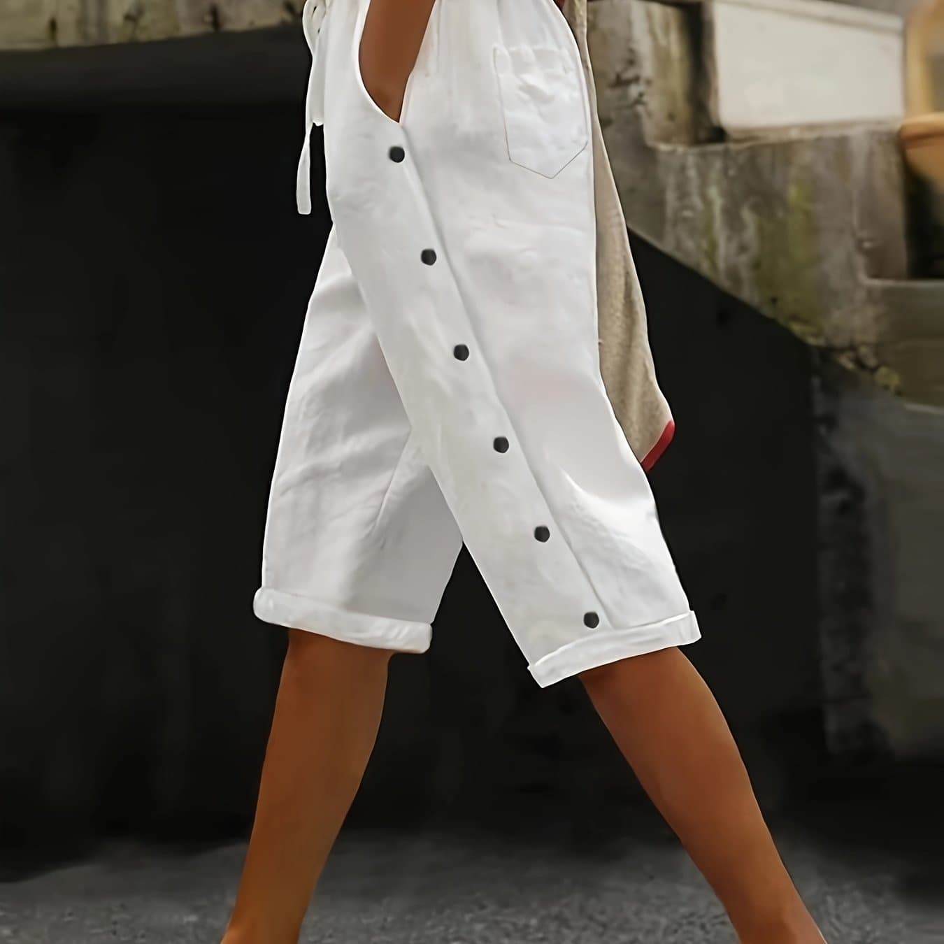 TEMU European And American Popular Women' Color Straight Button 7/8 Pants