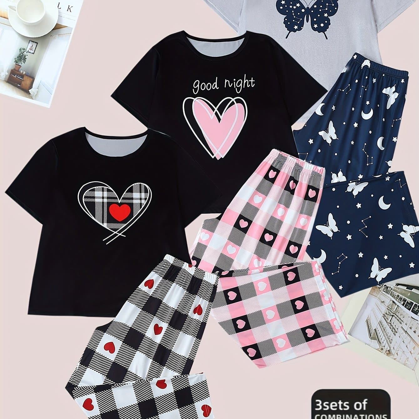 TEMU 6pcs Set Of New Women's Pajamas, Set Of 3pcs Short Sleeved Top And 3 Pairs Of Pants, Casual , Printed Set, 3pcs Set Of Pajamas