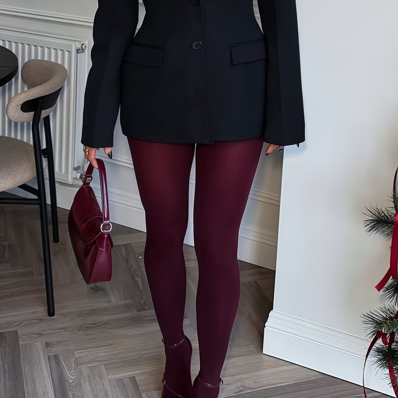 TEMU Women's Wine Red Matte Velvet Tights - High- Vintage Slim-fit Full-length Pants Suitable For Parties, & Wear - Elegant Comfortable Stretchable Tights