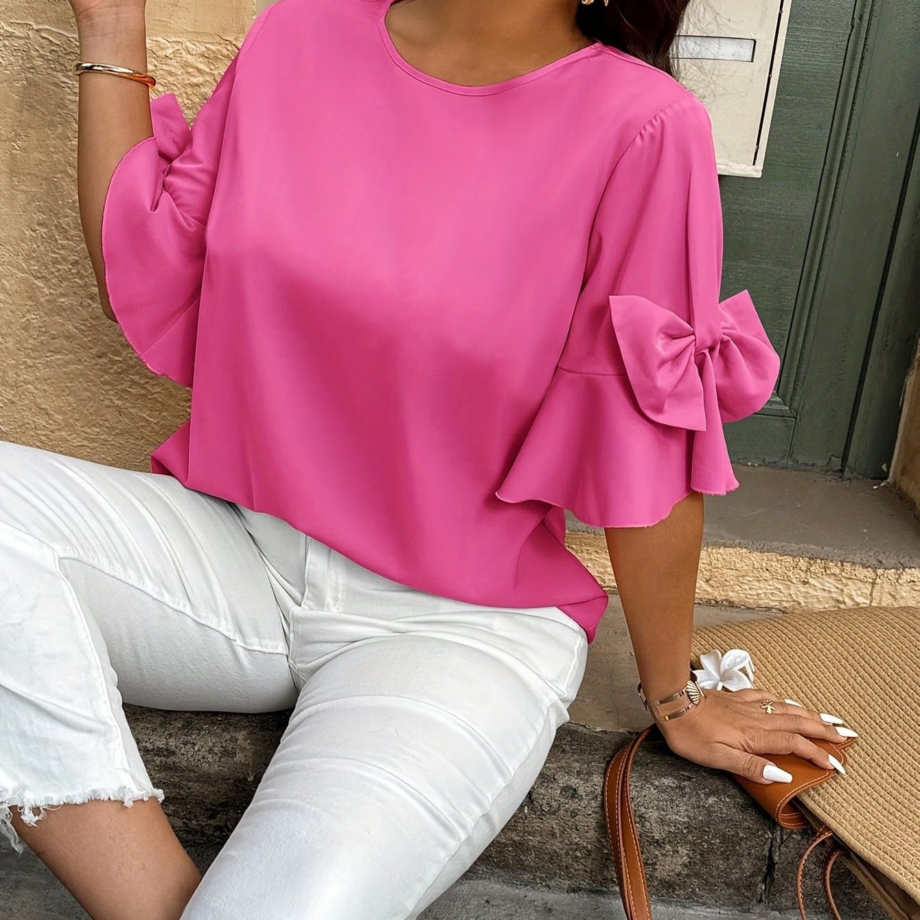 TEMU Round Neck Bow Tie Long Sleeve Women's Shirt