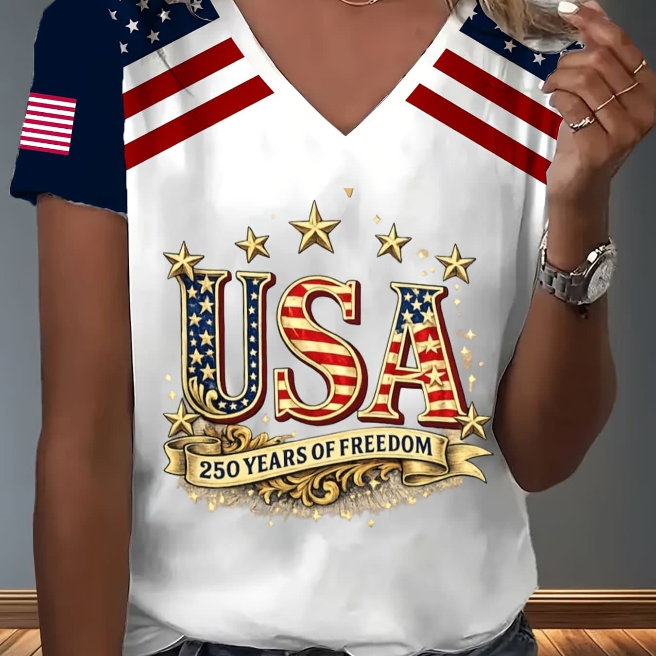 TEMU Women V Neck T Flag And Stars 250 Years Of Print For Usa 250th Anniversary Casual Wear Women Tee Machine Washable Fashion Top