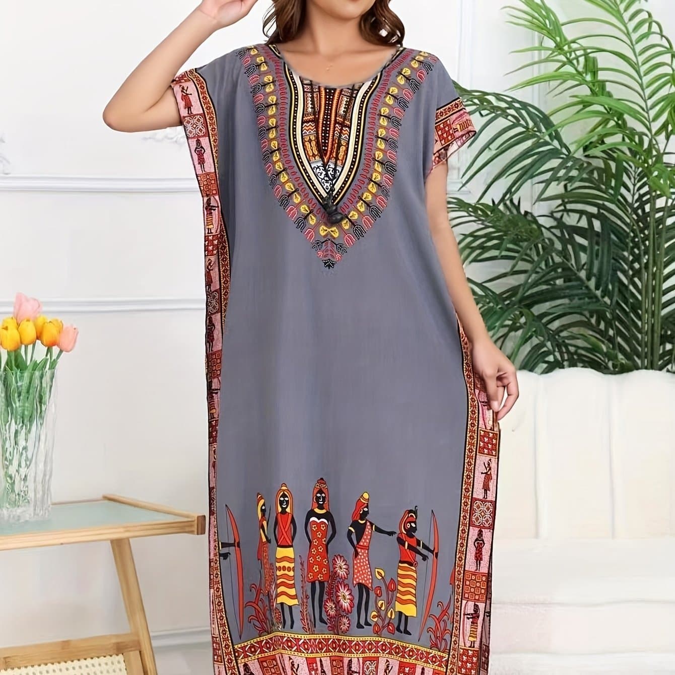 TEMU Women's Bohemian Maxi Dress - Vibrant Tribal Print, Loose Fit, Short Sleeve, Round Neck, Lightweight Polyester, Summer Vacations And Beach , Beach Dress