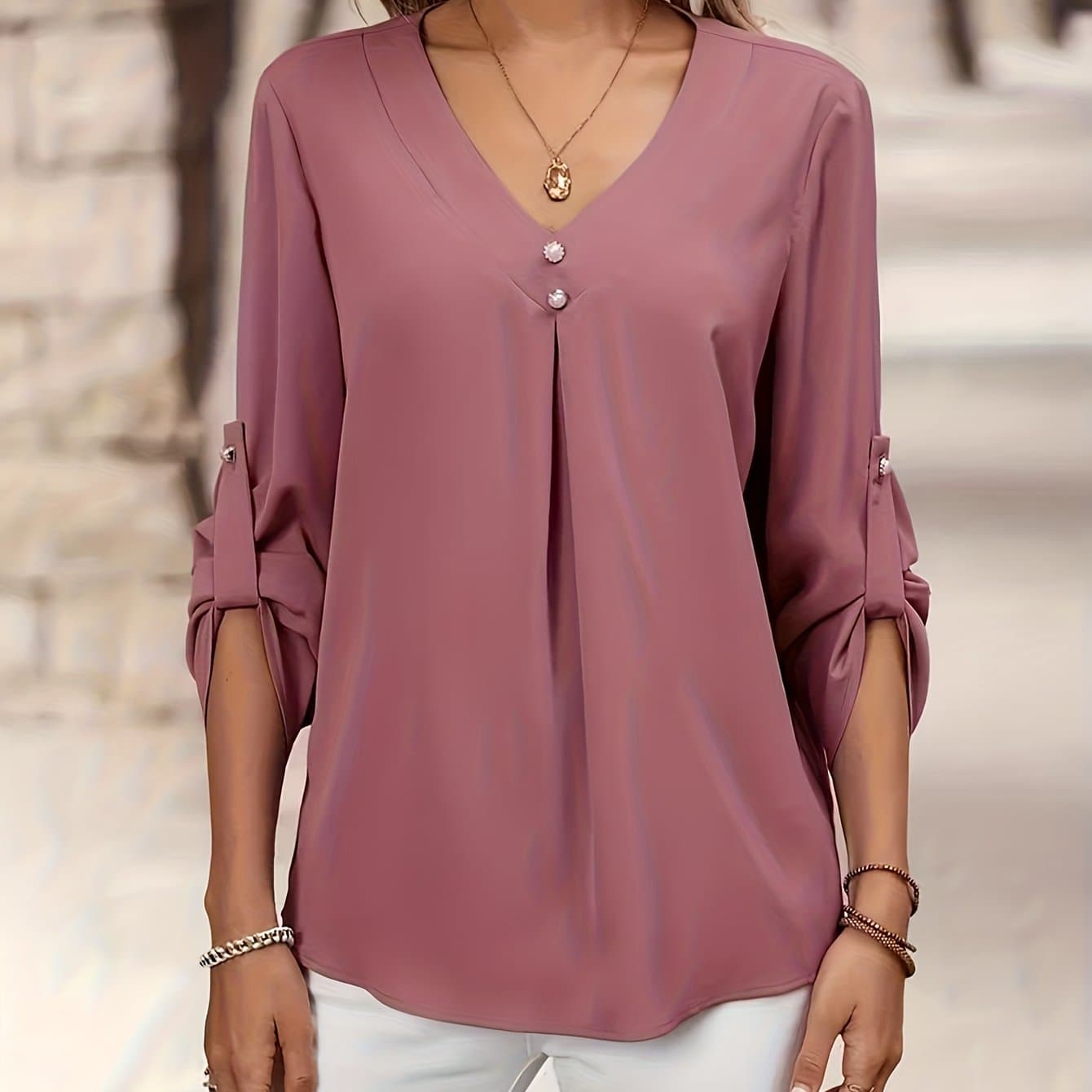TEMU Long-sleeved Tie-decorated Button- Women's V-neck Pullover Shirt