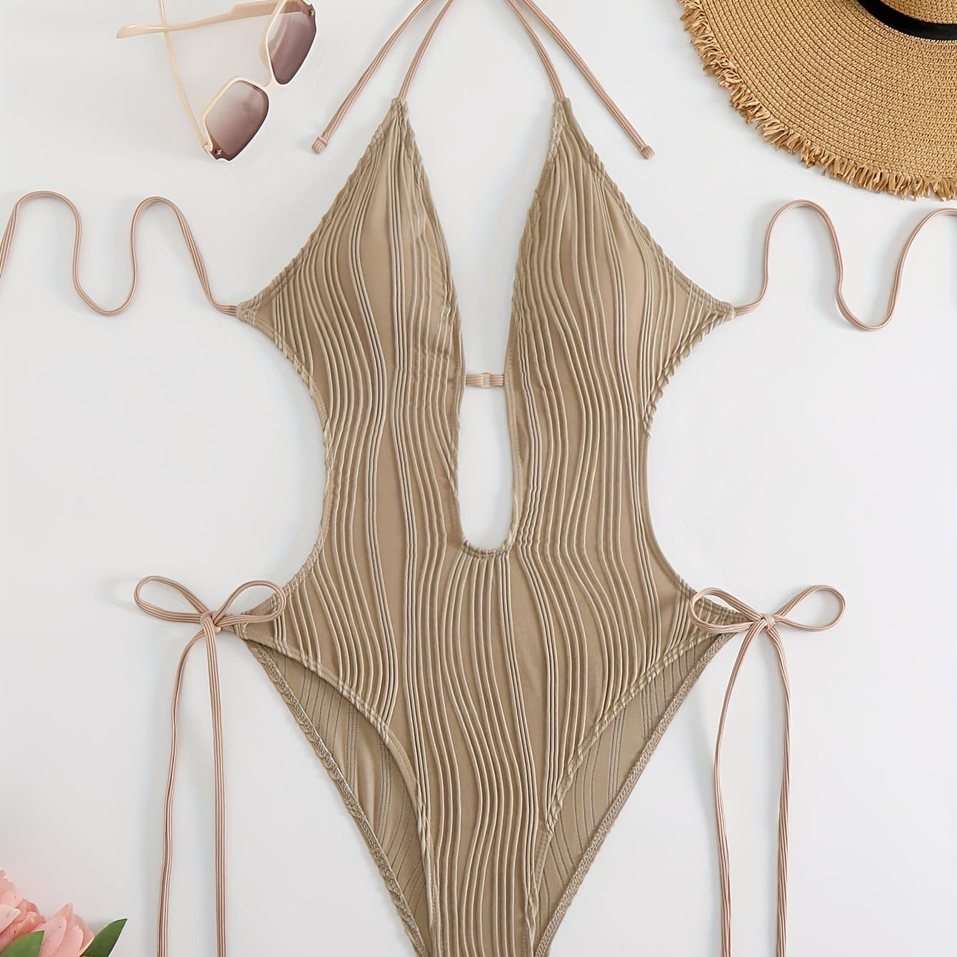 TEMU Chic Backless Halter One-piece Swimsuit For Women - Sexy, High Stretch, Solid Color With Tie Detail, Machine Washable
