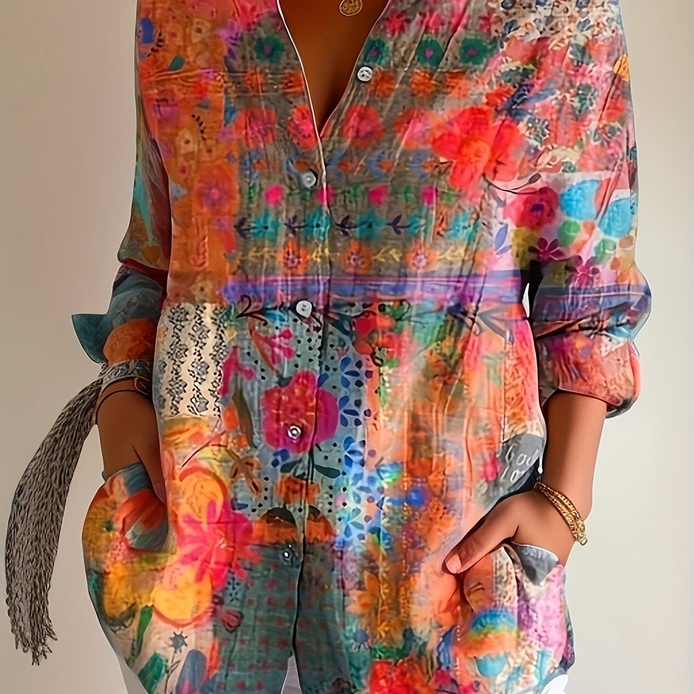 TEMU This Retro Bohemian-style Long-sleeved Shirt With Colorful Floral Patterns Is Fashionable, Versatile And . A Outfit With Unique Patterns