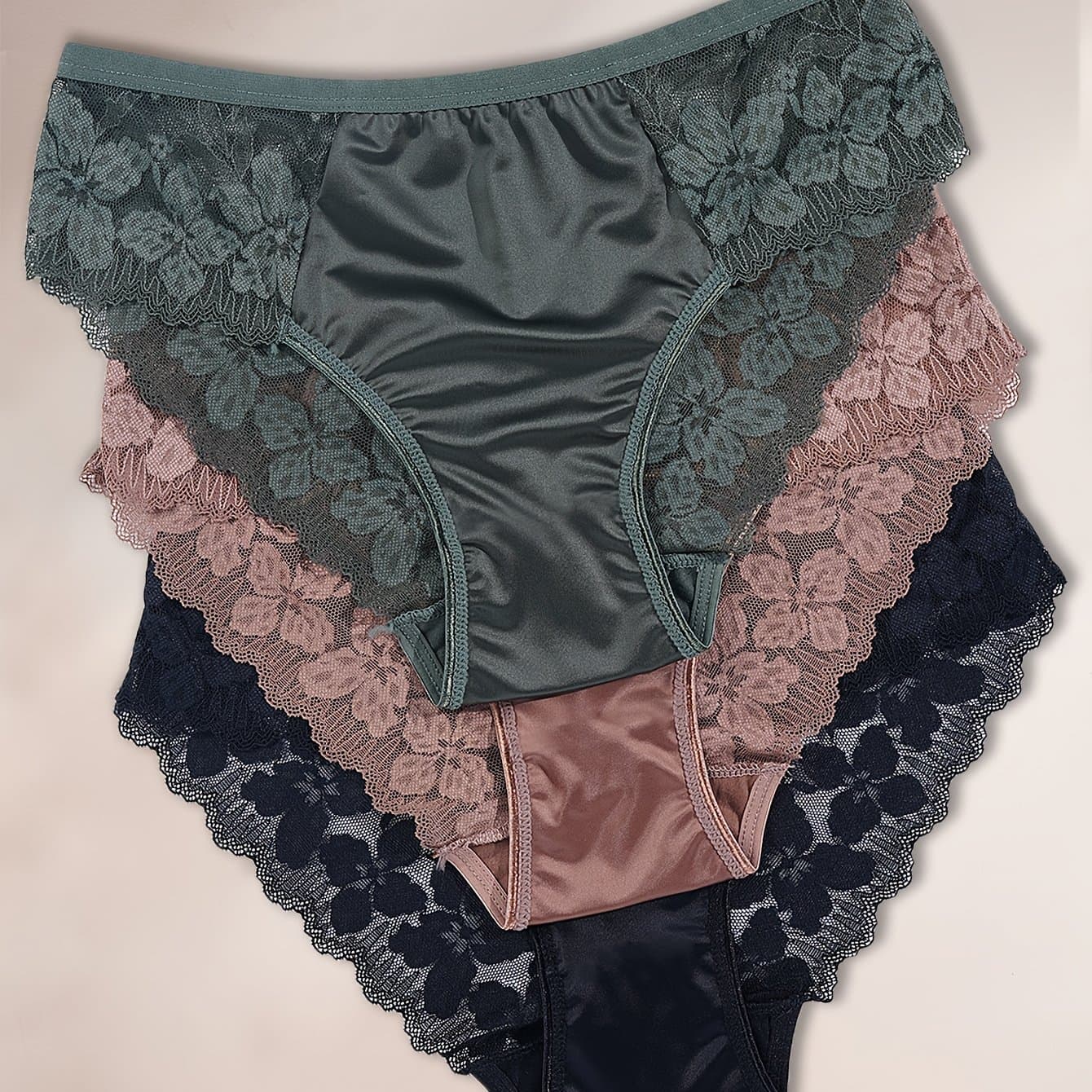 TEMU 3pcs Solid Color Satin Fabric Floral Contrast Lace Panties Soft Breathable Mid-rise Thong For Women