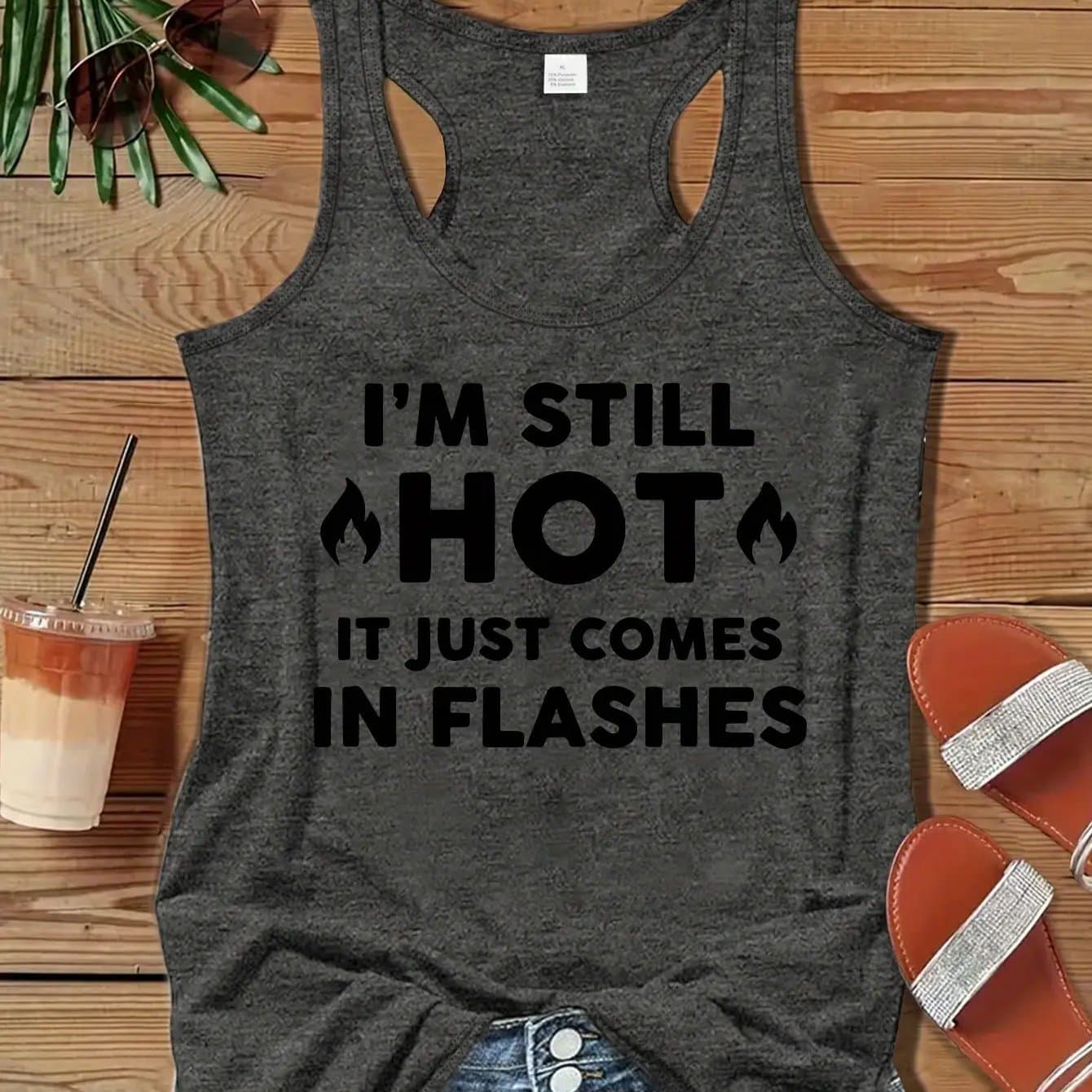 TEMU Women's Dark Grey Casual Vest With An Interesting Letter Print- "i'm Still Hot, It Just " Machine Washable, Sleeveless Vest, Suitable For Casual Wear, Summer Vest