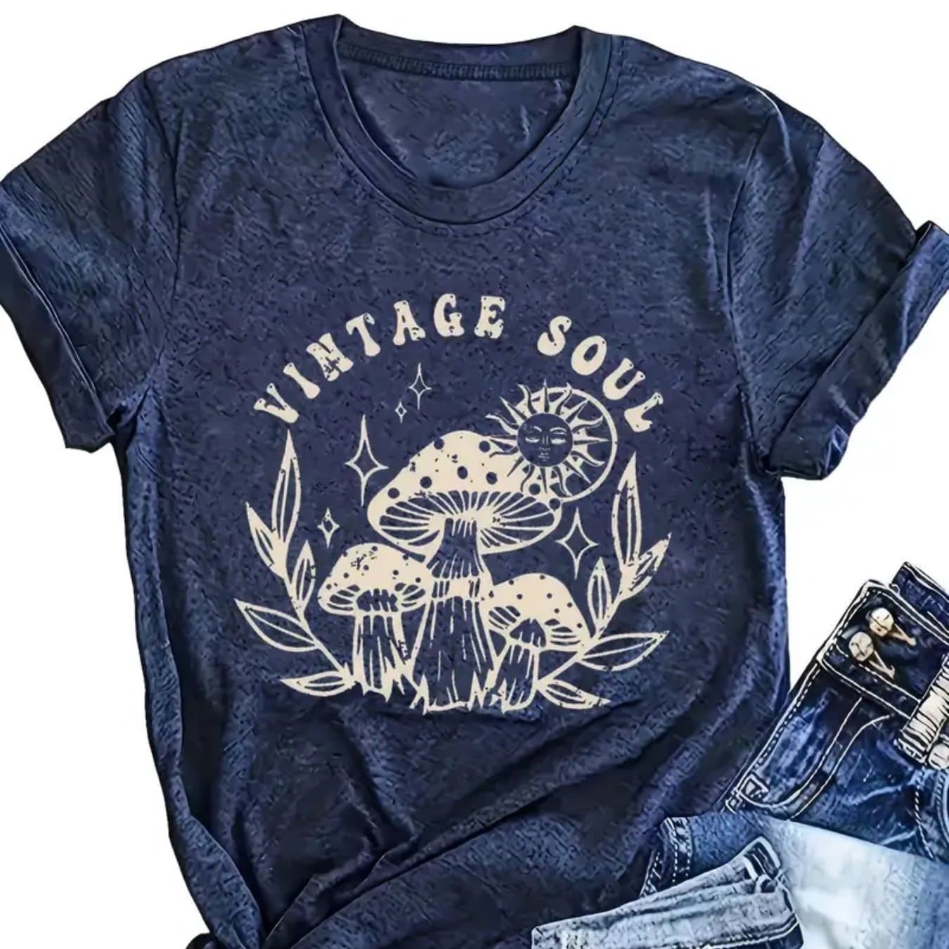 TEMU 180g 's T-shirt With Mushroom And '' Print, Soft And Breathable Fabric, Perfect For Shopping And Travel, Essential Versatile Wardrobe Item