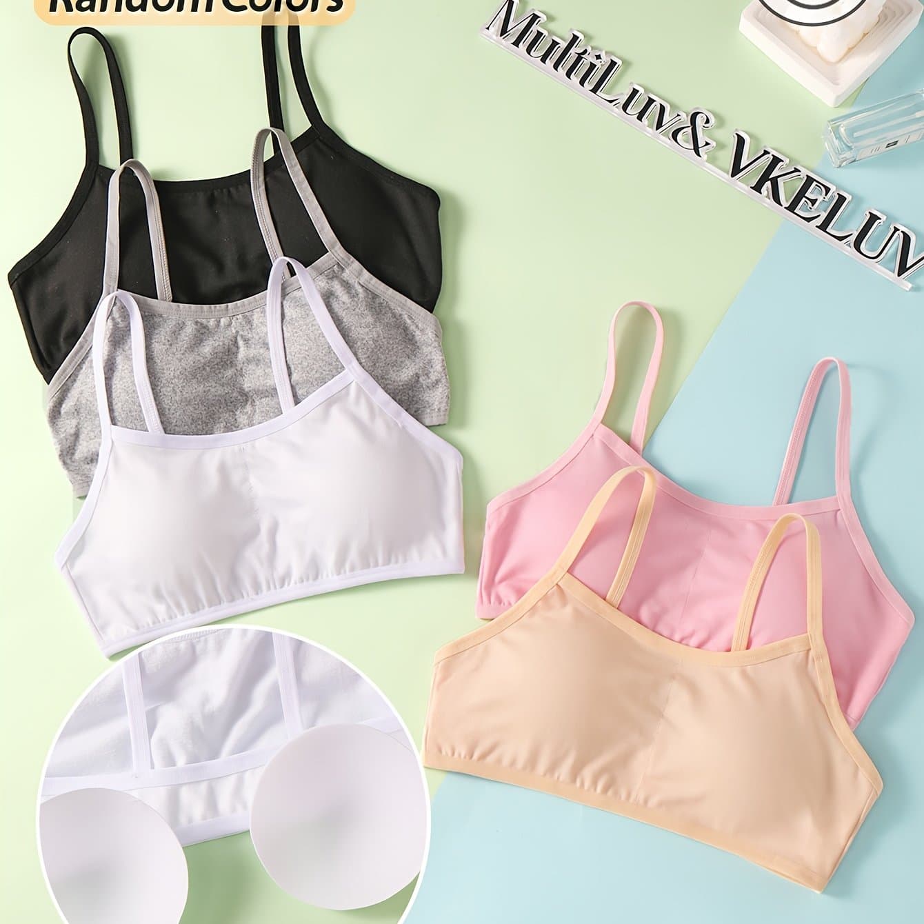 TEMU 6-pcs Beginning Bras For Teen Girls' Bandeau With Removable Pads, Breathable, Comfy And Soft, Elastic Vests, Random Multi-colors, Teenager Girls' Undergarments, For Teenager, For Teenager
