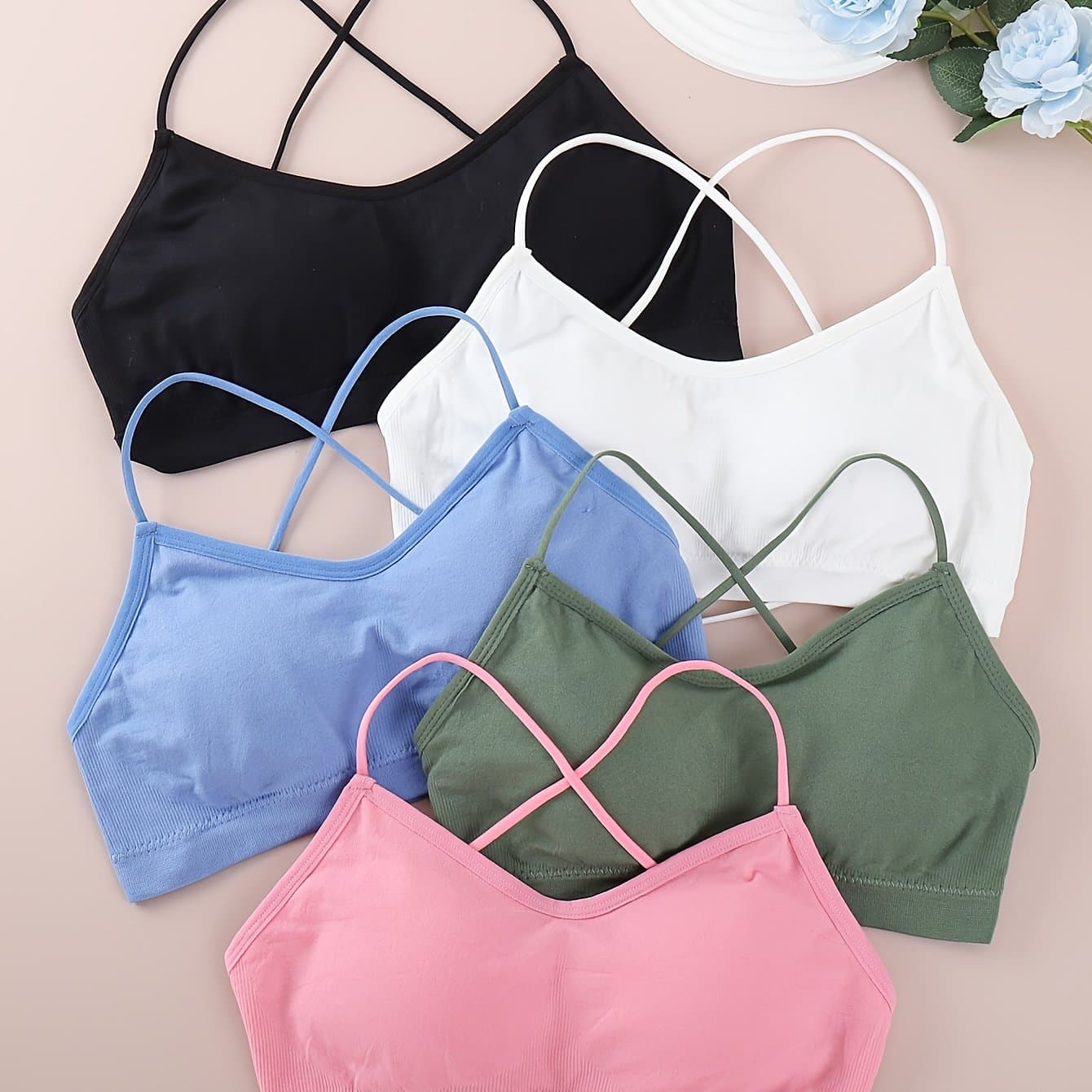 TEMU 5pcs Solid Backless Wireless Bras, Comfortable Breathable Stretch Lingerie Bras, Women's Underwear And Intimates