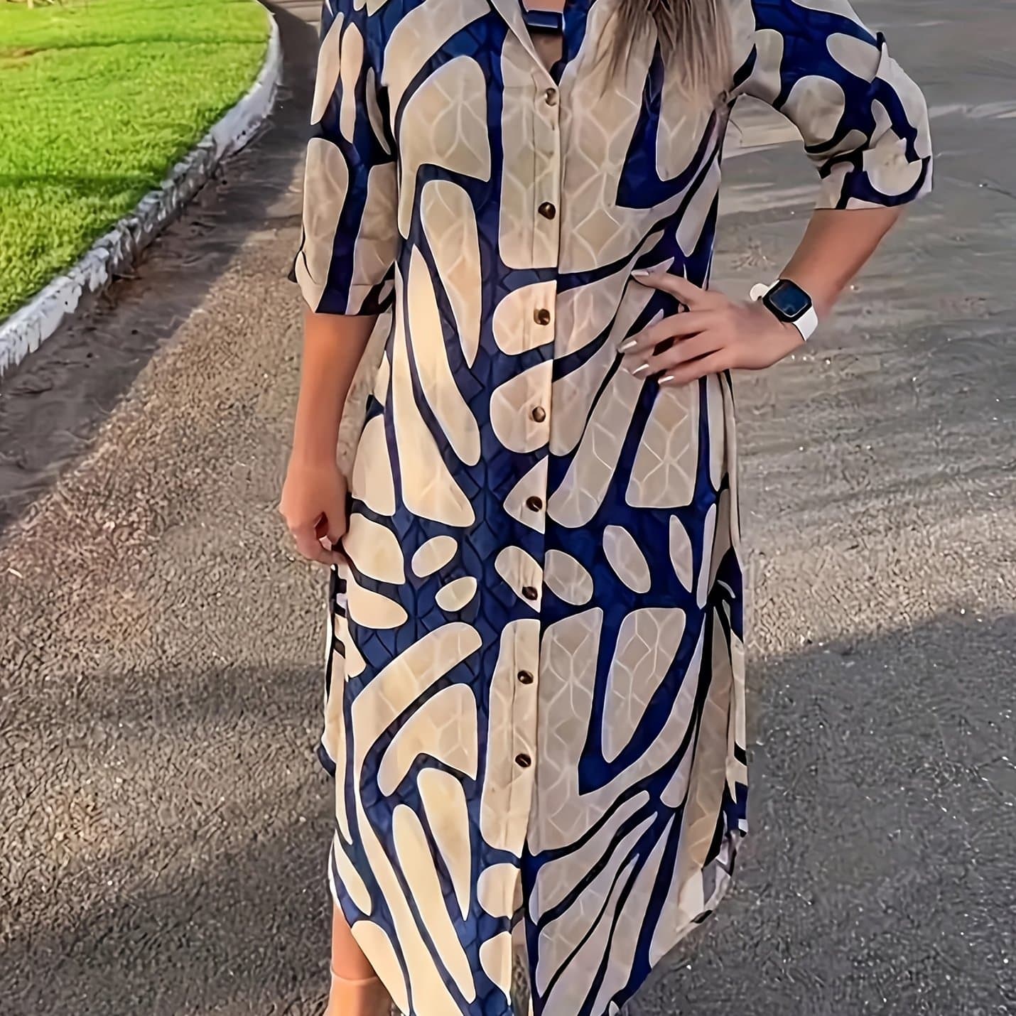 TEMU Women's Casual Elegant Geometric Print Decorative Shirt Dress