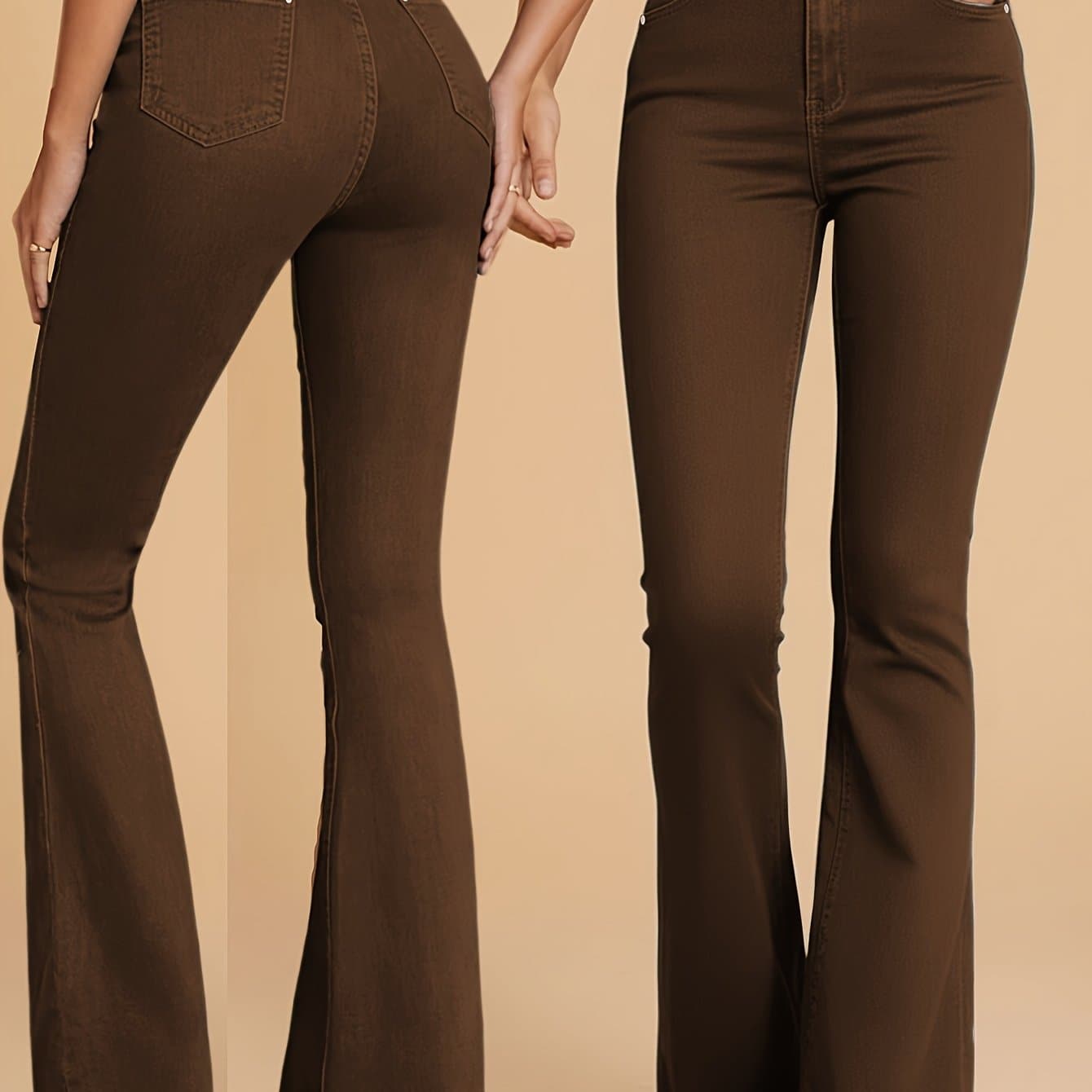 TEMU New Women' Brown Trendy Fashion Comfortable Pants, -lifting Multi-rivet Flared Trousers