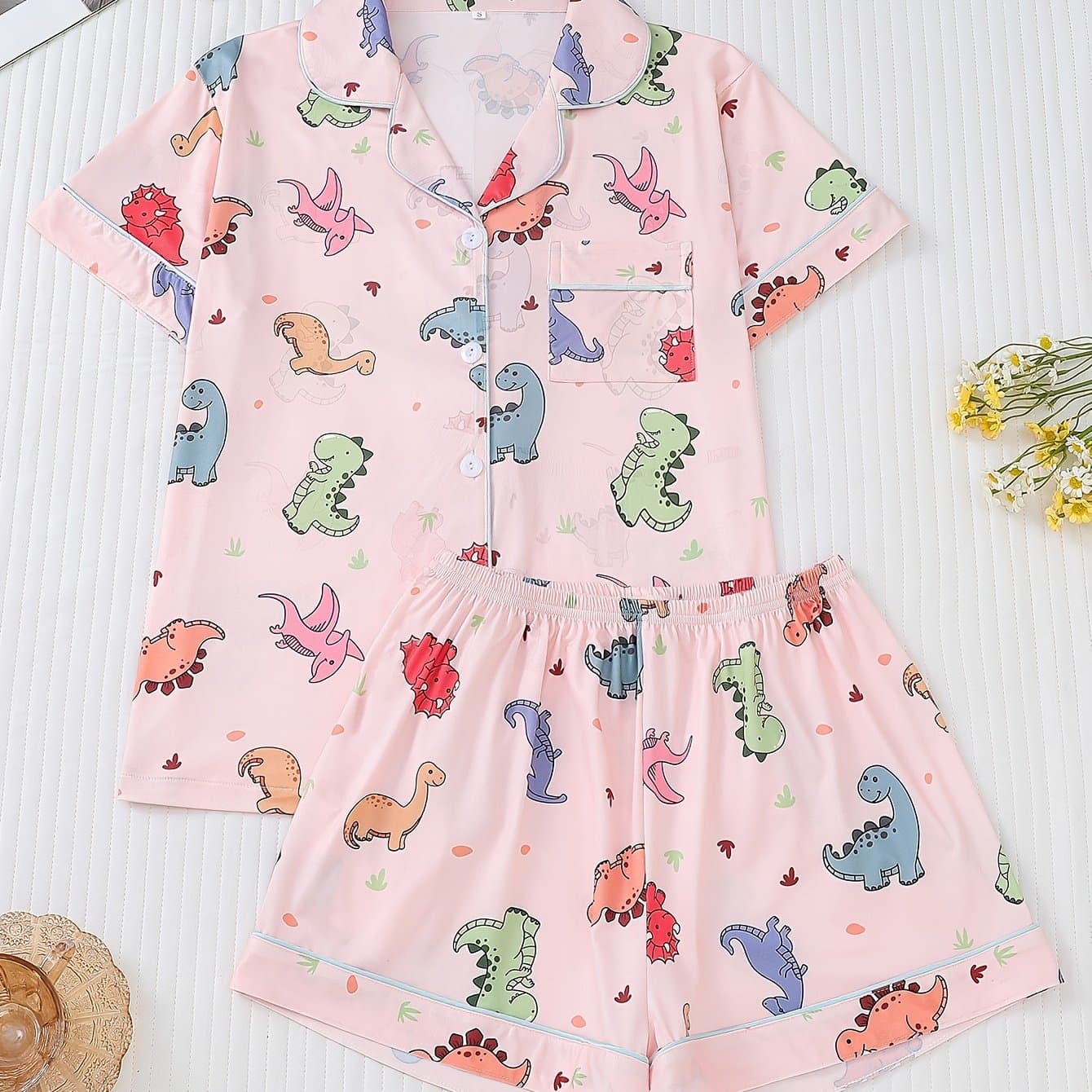 TEMU Women's Cute Dinosaur Pajama Set - Comfy Short Sleeve Button-up Top & Elastic Waist Shorts, Loungewear