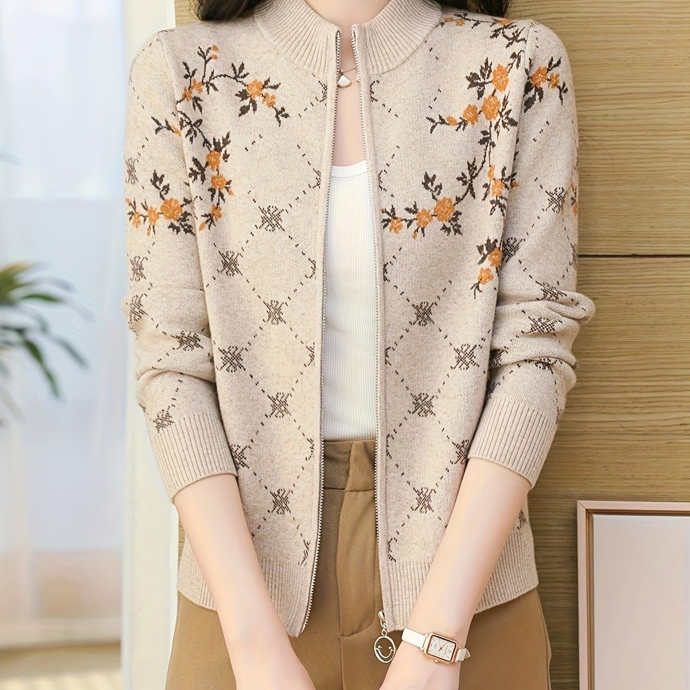 TEMU Autumn/winter Collar Zipper Cardigan Women's Fashion Jacquard Loose Sweater Coat