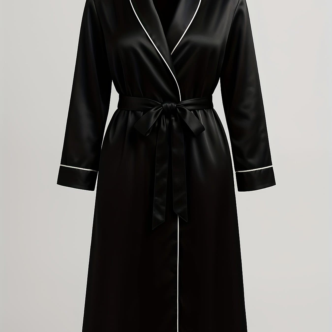 TEMU Long-sleeved Satin Nightgown For Women In A Solid Color, Featuring A V-neck And A Belt, Suitable For Wearing At Home Or Outside