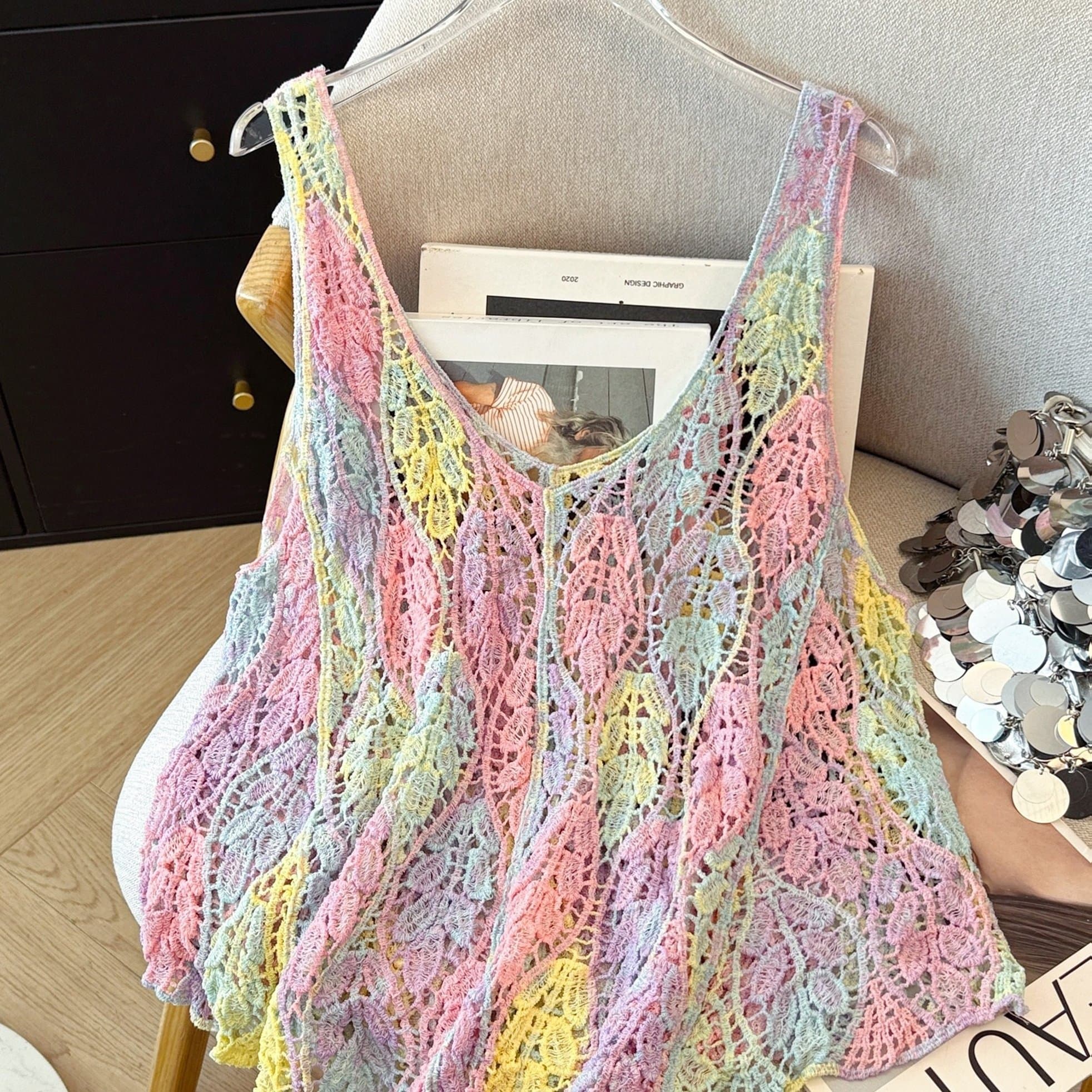 TEMU Retro Hollow Colorful Dopamine Gradient Design Sleeveless Vest Cardigan Top
