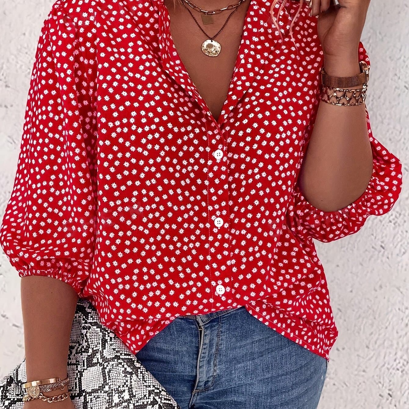 TEMU Plus Size Floral Print Button Front Shirt, Casual Lantern Sleeve Shirt For Spring, Women's Plus Size Clothing