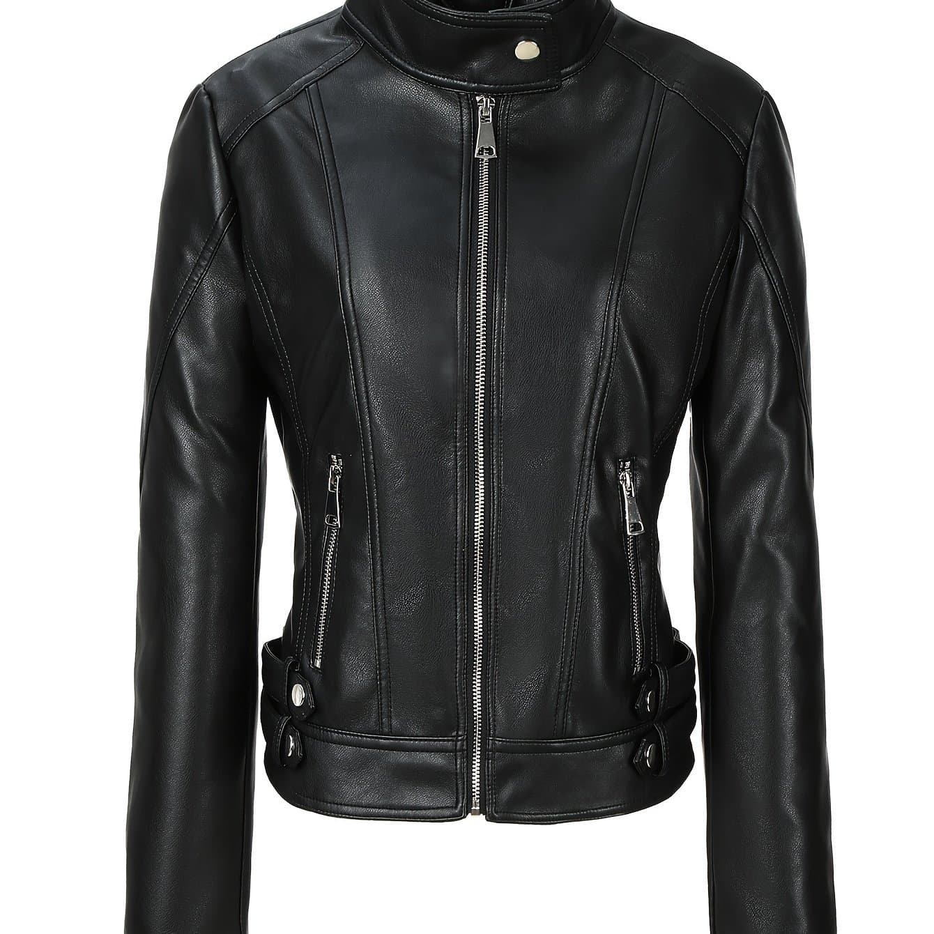TEMU Women's Zipper Faux Leather Motorcycle Jacket, Faux Leather Stand Collar Style Top, Fashion Slim Fit Coat, New Women's Clothing
