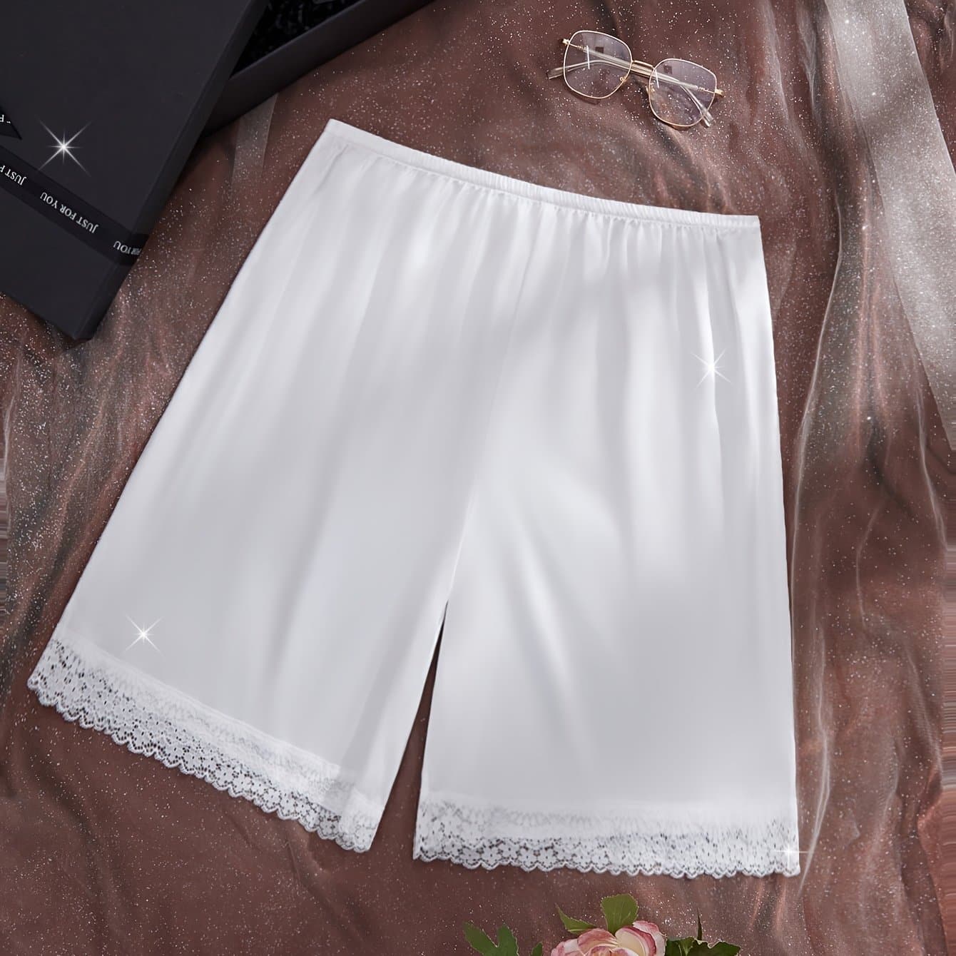 TEMU Women's Elegant -like Half Slip Skirt With Contrast Lace Trim, Casual Solid Color Light 's Underwear & Shapewear