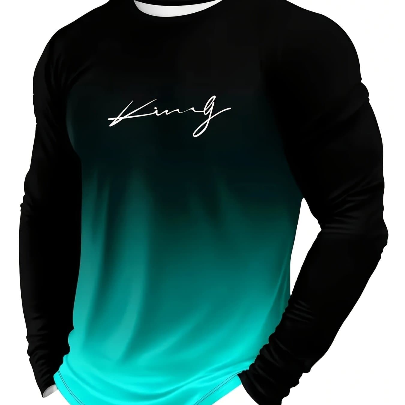 TEMU Men's Casual Long Sleeve T-shirt - Gradient Color, Polyester, Machine Washable, Round Neck, Letter Print Design