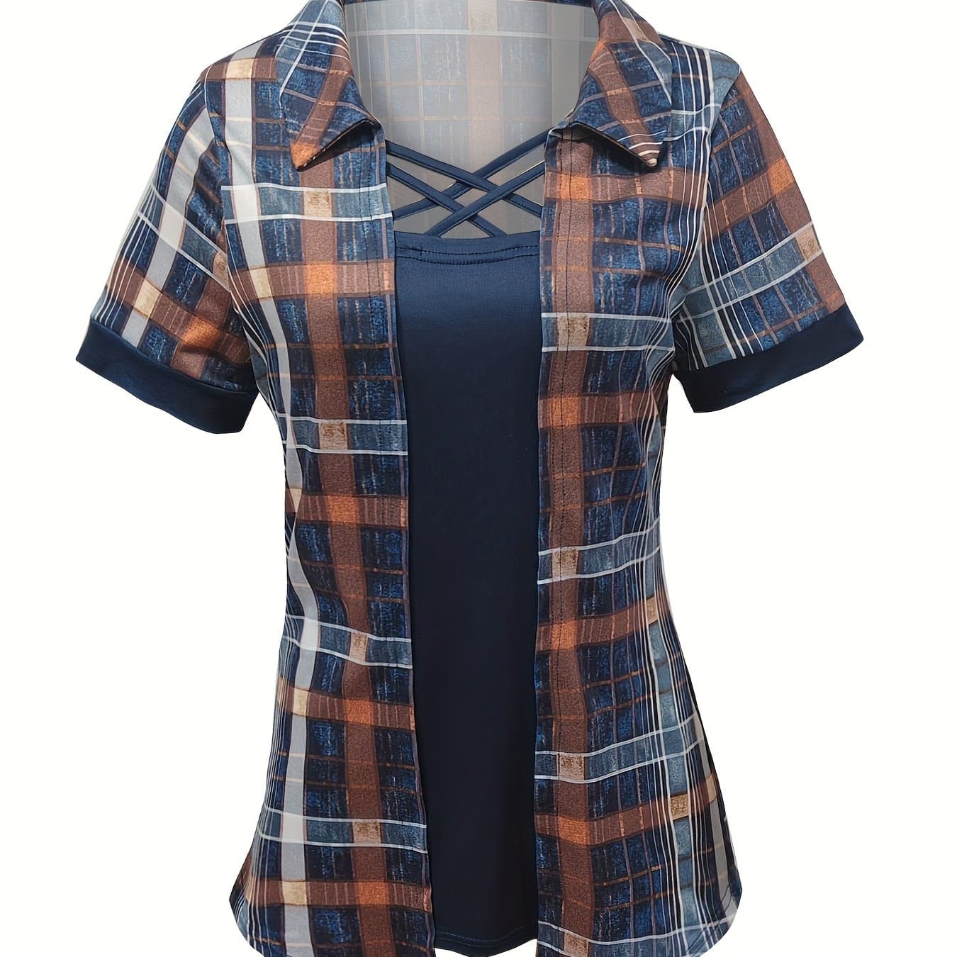 TEMU Navy Blue 2 2 And 1 Checkered Short Sleeved Women's Shirts