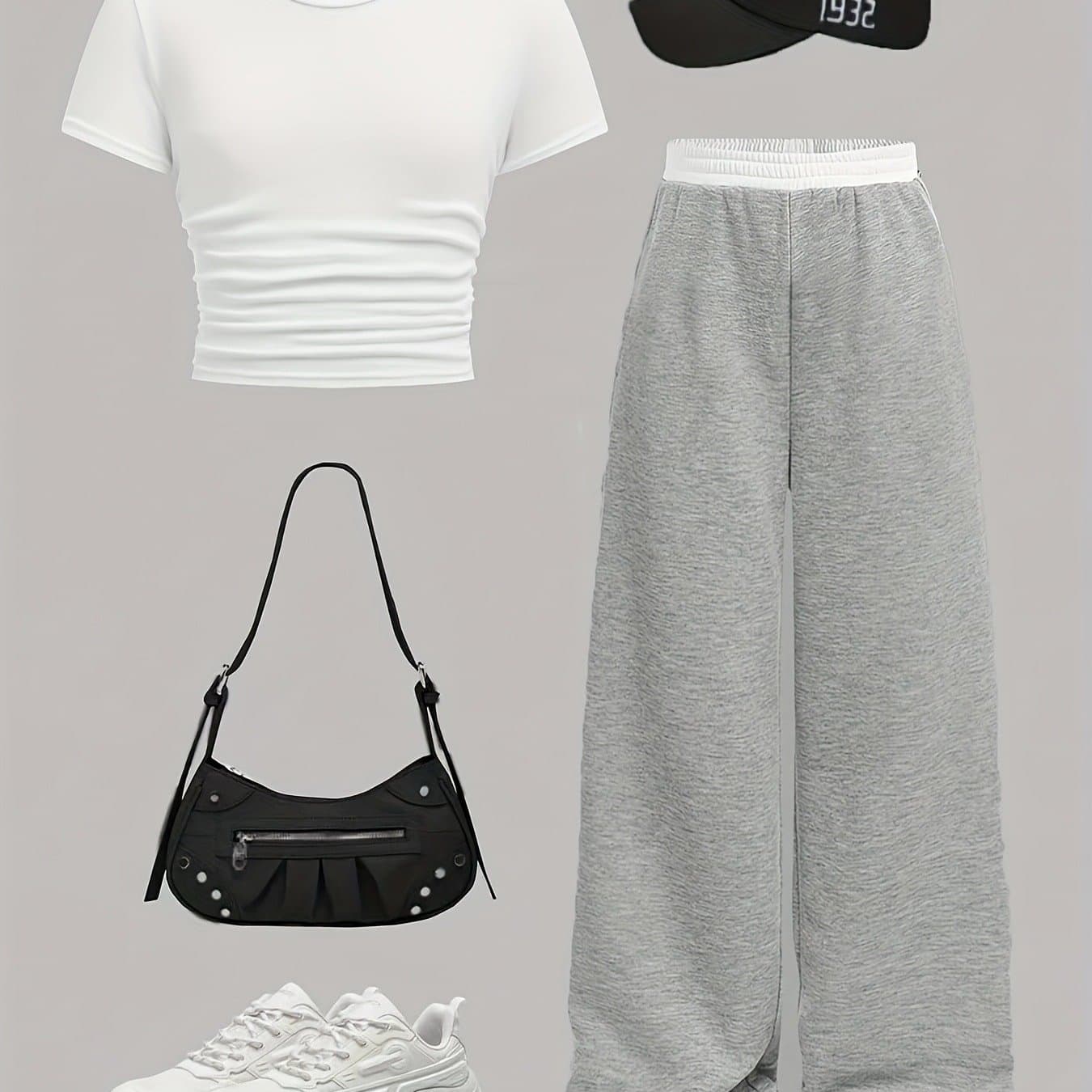 TEMU Kids Clothes Girls: White Crop Top & Gray Wide-leg Pants Set - Girls Outfit Sets, Fall Outfits For Girls,| New Year Giftteen Girl Clothes Salefast Delivery, Perfect For Outdoor