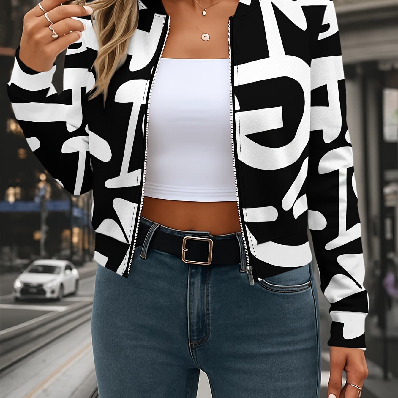 TEMU Black And White Irregular Stripe Print Collar Jacket