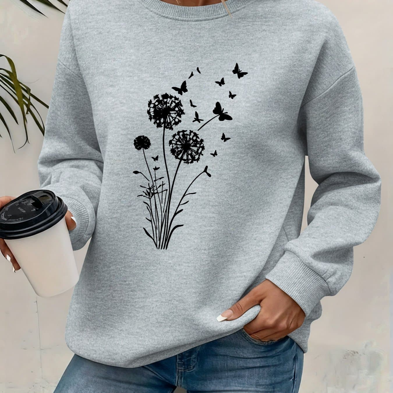 TEMU Women's Stylish Round-neck Sweatshirt, Featuring A Printed Design, Autumn And Winter With Added Fleece