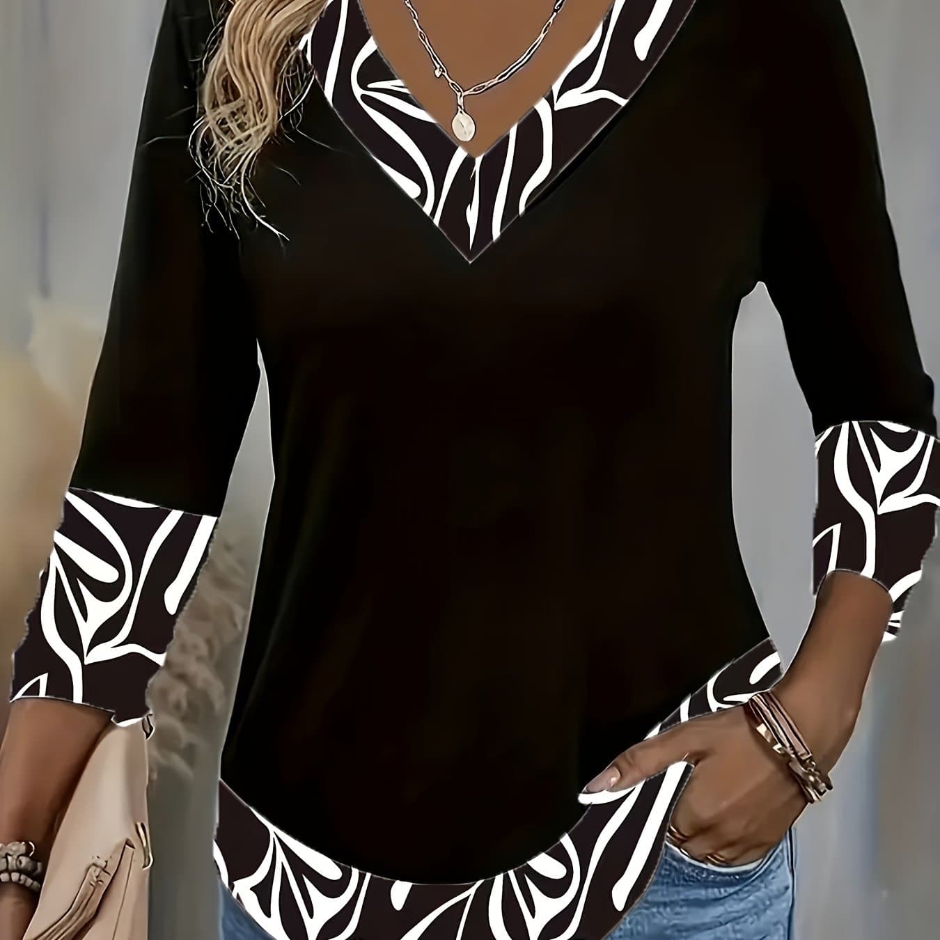 TEMU Women's Spring/autumn Three-quarter Sleeve Color Block Fashion Elegant T-shirt Top