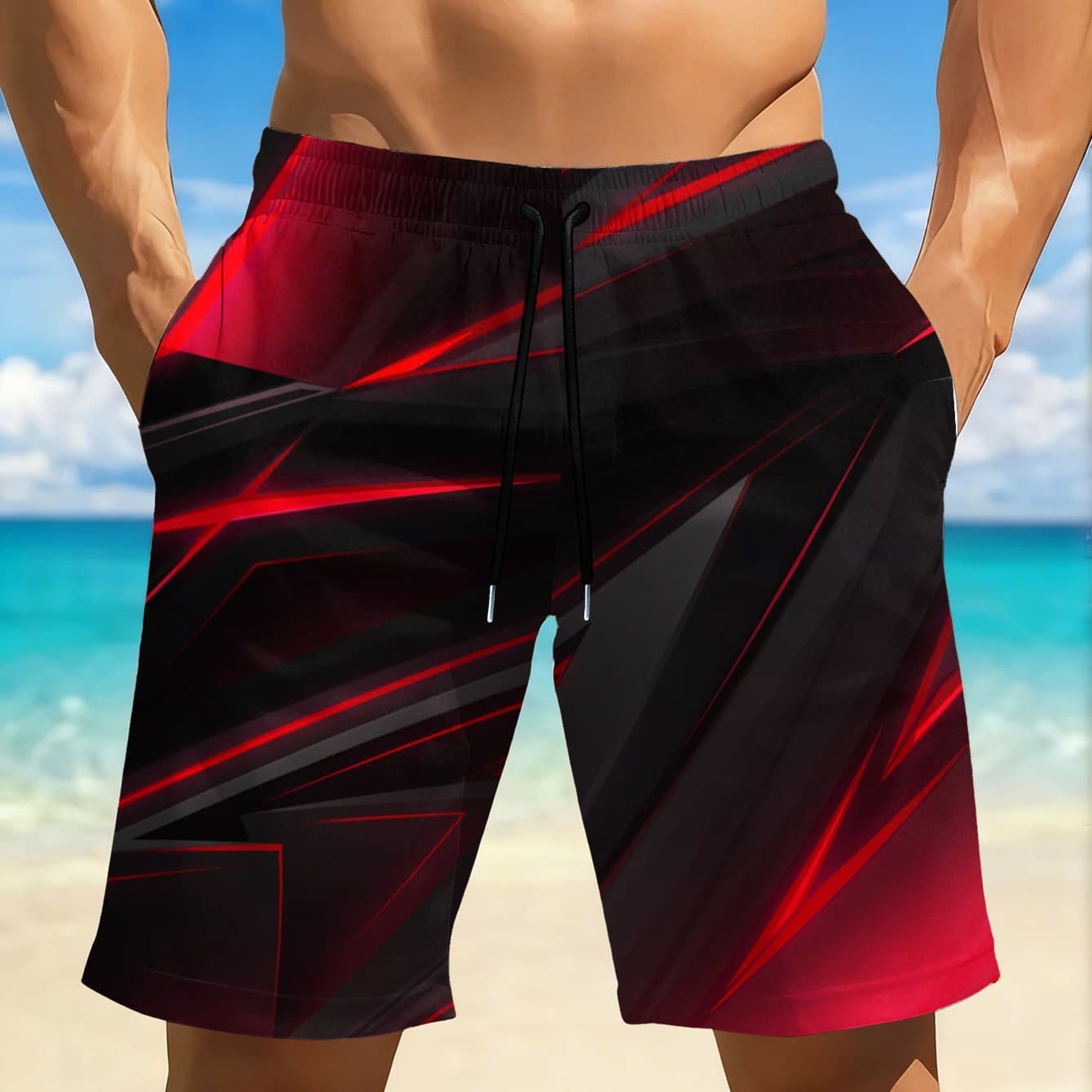 TEMU Men's Quick-dry Swim Trunks With Vibrant Red& Black Geometric 3dprint- Casual, Regular Fit, Perfect For Beach, Pool, Gym, And Outdooractivitie