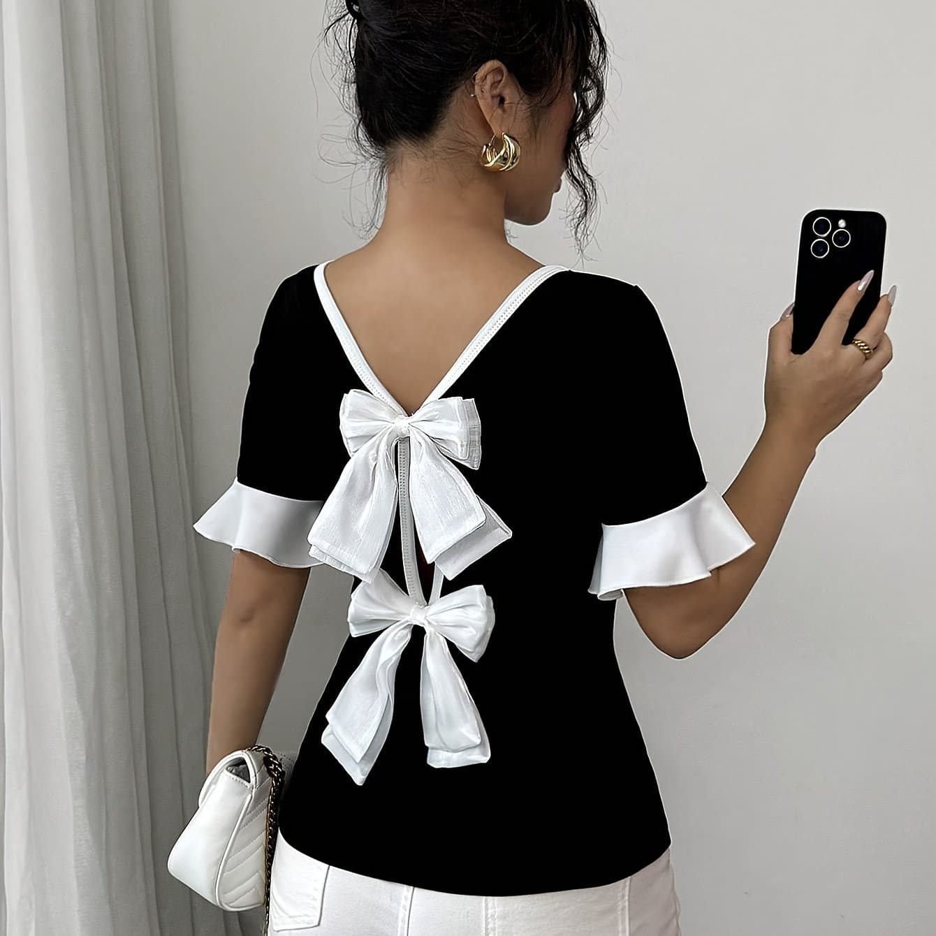 TEMU Women's Round Neck Short Sleeve Back Bow T-shirt