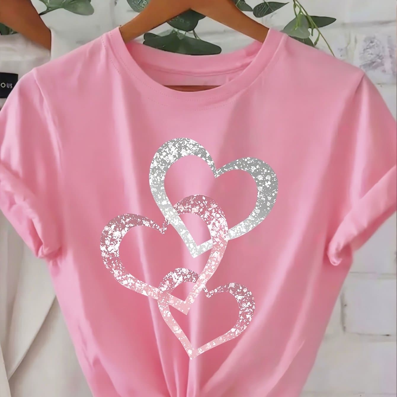 TEMU Women's Short Sleeve T Shirt Pink Glitter Hearts Print 100 Percent Casual Top For Valentine's Day And Other Festive Occasions