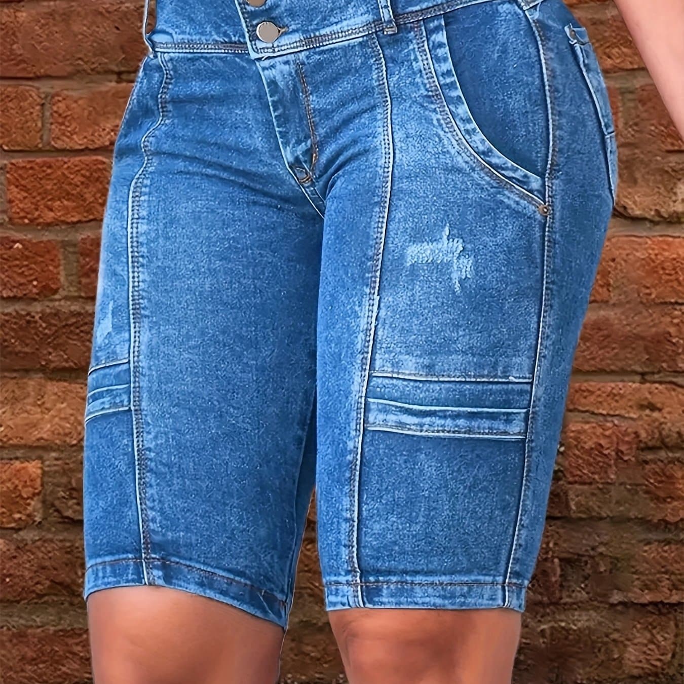 TEMU Women's High-waisted, Stretch, Front-, Figure-flattering Blue Denim Mid-length Shorts