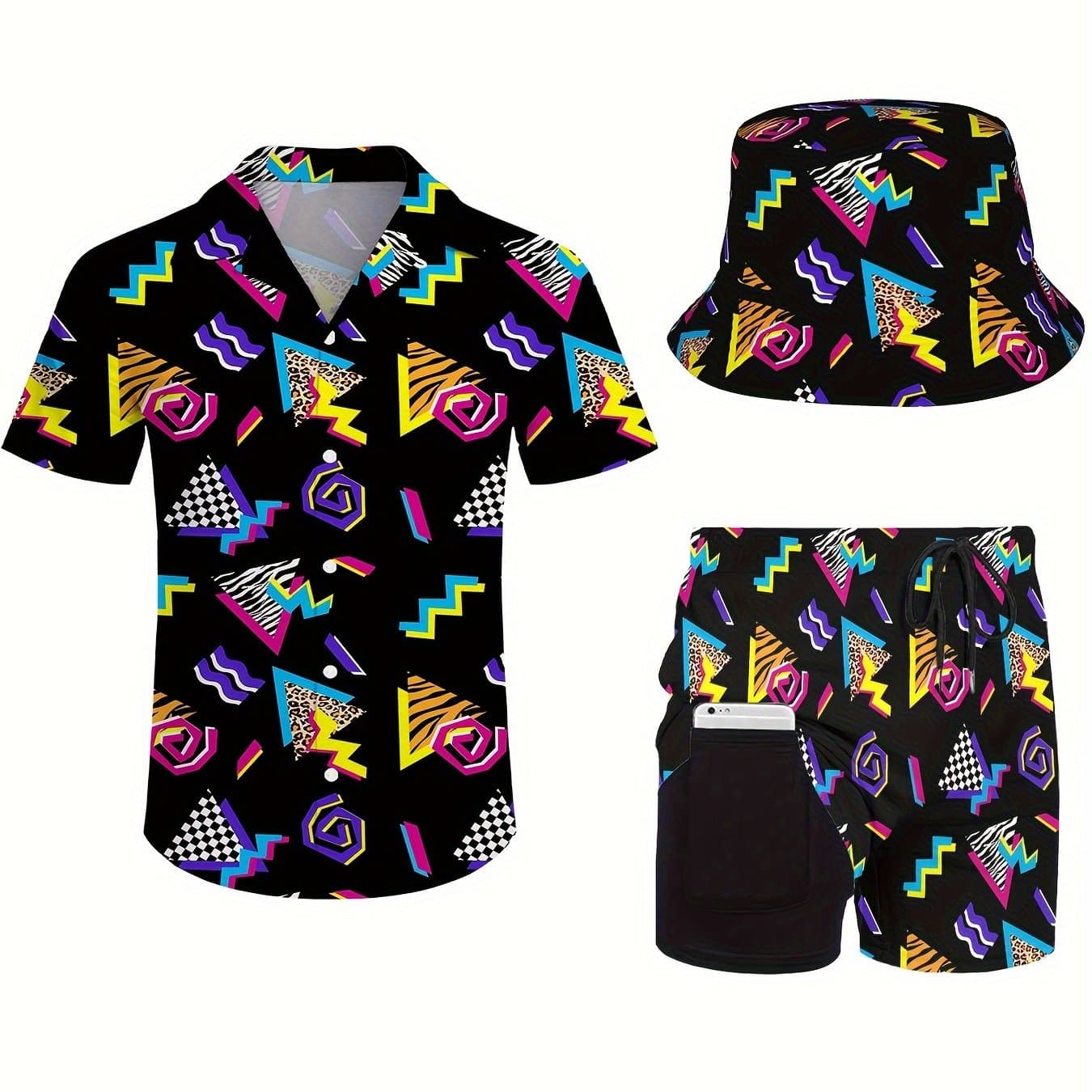 TEMU Men's 3pcs Retro Outfit Beach Set, 80s 90s Sportswear, Hawaiian Sportswear Set, Shirt Beach Shorts And Fisherman Hat Bucket Hat Father's Day Gift Perfect Gift For Dad And Boyfriend.
