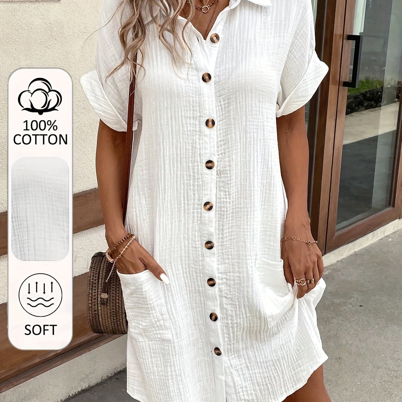 TEMU Women's -neck Short Sleeve A-line Dress - Button-front Blouse Dress, Soft Breathable Casual To Semi-formal Wear, Machine Washable Outfit (no) - Pure Shirt Dress