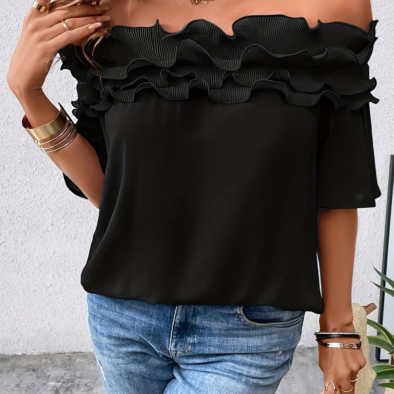 TEMU Plus Size - Plus Size - Elegant Plus-size Women's Clothing With Off-shoulder Design