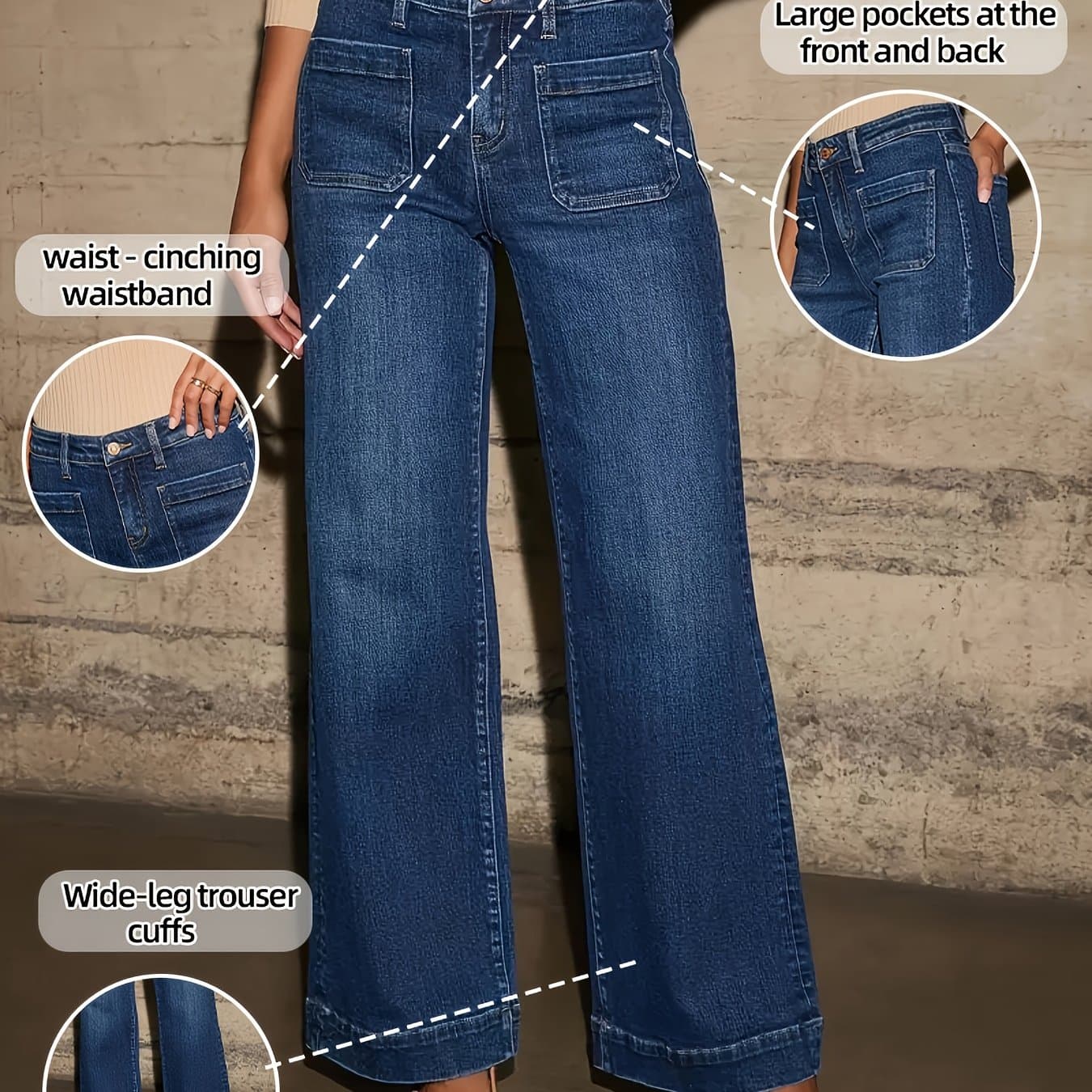 TEMU 2025 Spring New High Waist Straight And Thin Wide Legs Temperament Denim Trousers