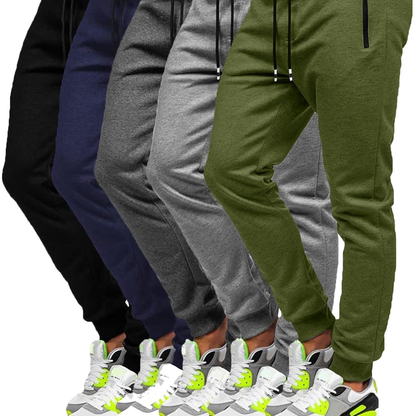 TEMU 5 Pcs Men Jogger Cotton Sweatpants Slim Fit Elastic Drawstring Zipped Pockets Pants Sports Apparel For Gym Running Workout