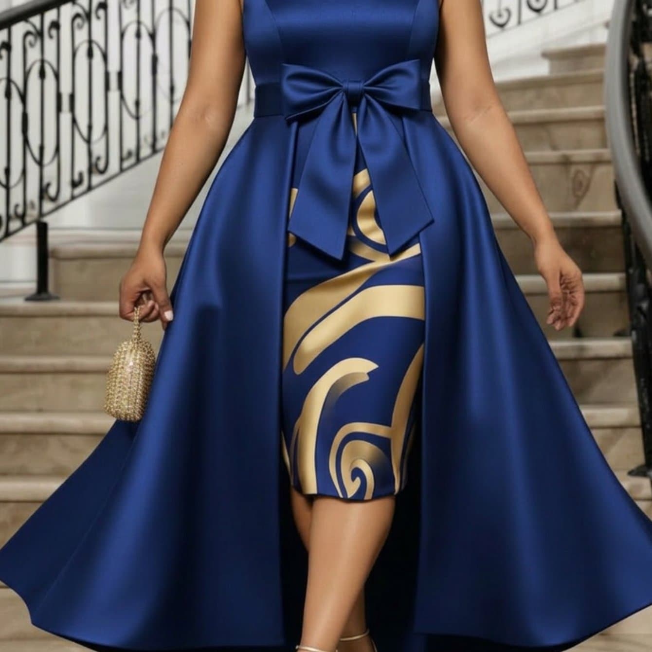 TEMU Plus Size - Plus Size - Plus Size Women's Spring-summer Sleeveless Stand-collar Decorated Waist-cinched Asymmetrical-hem Dress | Exquisite Printed Design, Highlighting Elegant Temperament