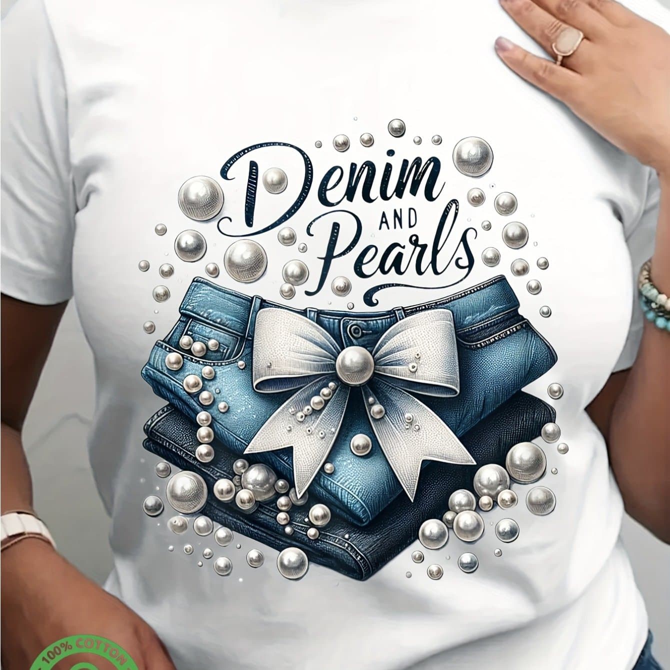 TEMU Graphic T-shirt For Men Featuring - A White Tee With Blue Jeans And Pearl Details, Ideal For Daily Wear, , And Casual Looks - Easy To Wash, Suitable For , , Apparel