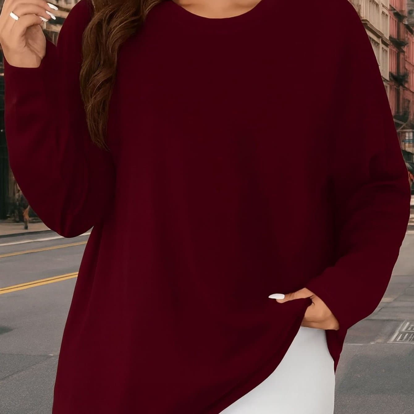 TEMU Plus Size, Plus Size Women's Casual Long Sleeve Crew Neck T-shirt - Soft And Stretchy, Loose Fit Solid Color, Machine Washable Autumn And Winter Comfortable Wear, , Plus Size Style