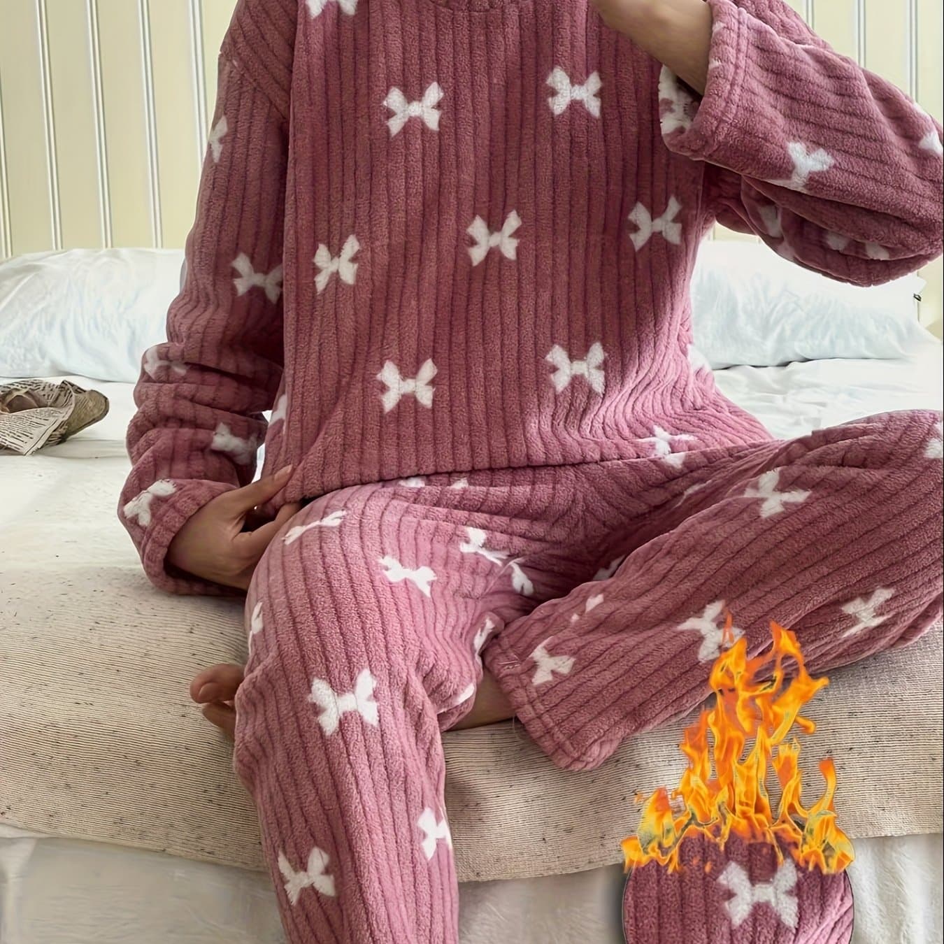 TEMU Two-piece Minimalist Fashion Autumn/winter Pajama Set With Thick Flannel, Long Sleeve And Pants For , Wearable Outdoors