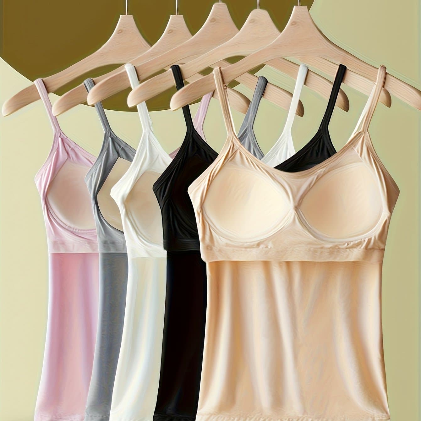 TEMU 5-pack Of Women's Camisole Tops With Integrated Bra Padding - , Stretchy Viscose Blend, Non-transparent, Material - Soft And , Ideal For Everyday Use