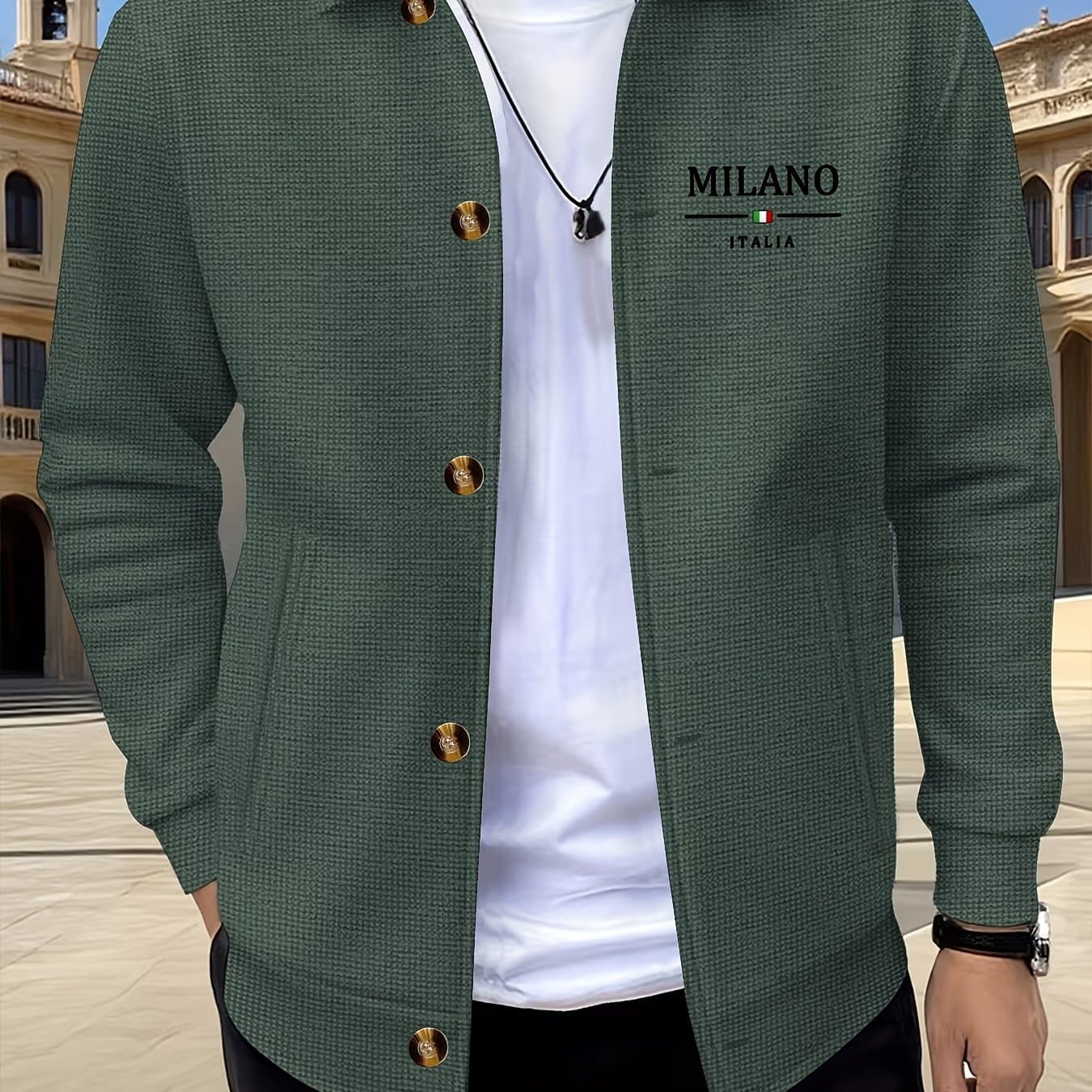 TEMU [ Obm] Men's New Button-up Fashion Jacket, Premium Letter Print, Comfortable Texture Waffle Fabric, Suitable For Daily Casual And Work Wear
