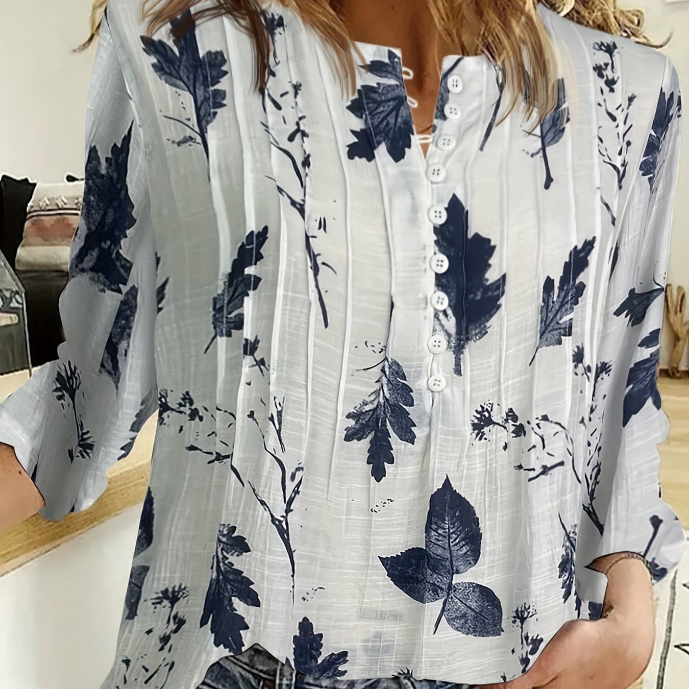TEMU V-neck Mid-sleeve Blouse With Piping And Button