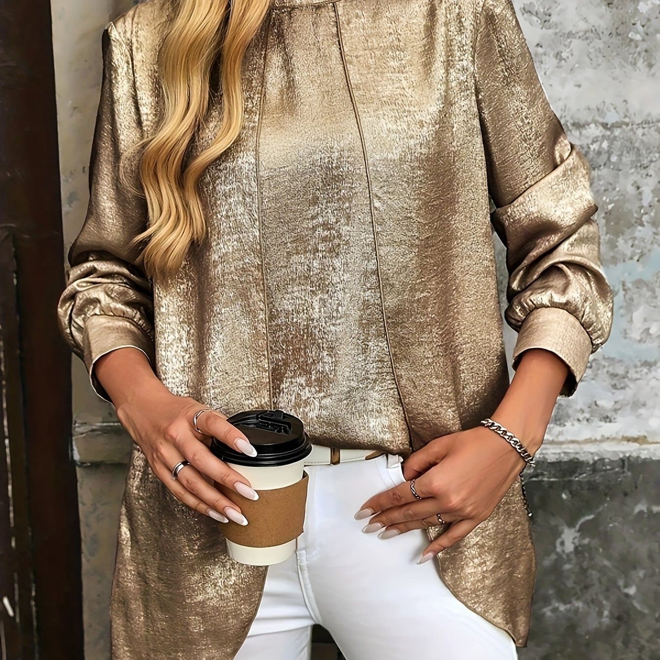 TEMU Plus Size - Plus Size - Plus Size Casual Fashion Golden Long Length Women's Long Sleeve Short-front Long-back Individual Shirt