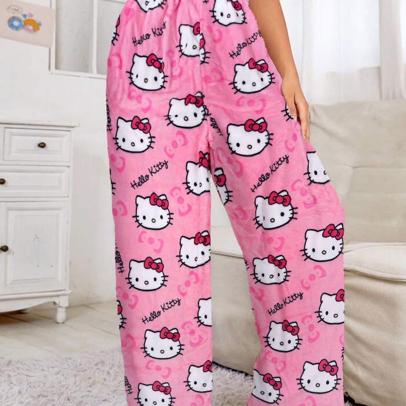 TEMU Hello Kitty Y2k Kawaii Anime Flannel Pajamas Women's Warm Cartoon Pants Autumn Trousers